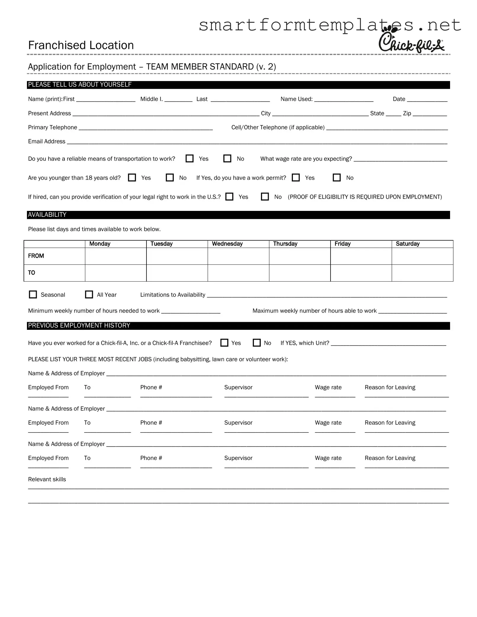Free Chick Fil A Job Application PDF Form