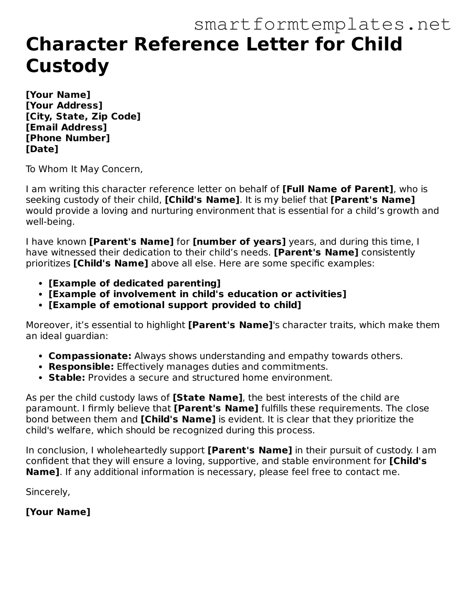 Character Reference Letter for Child Custody Template