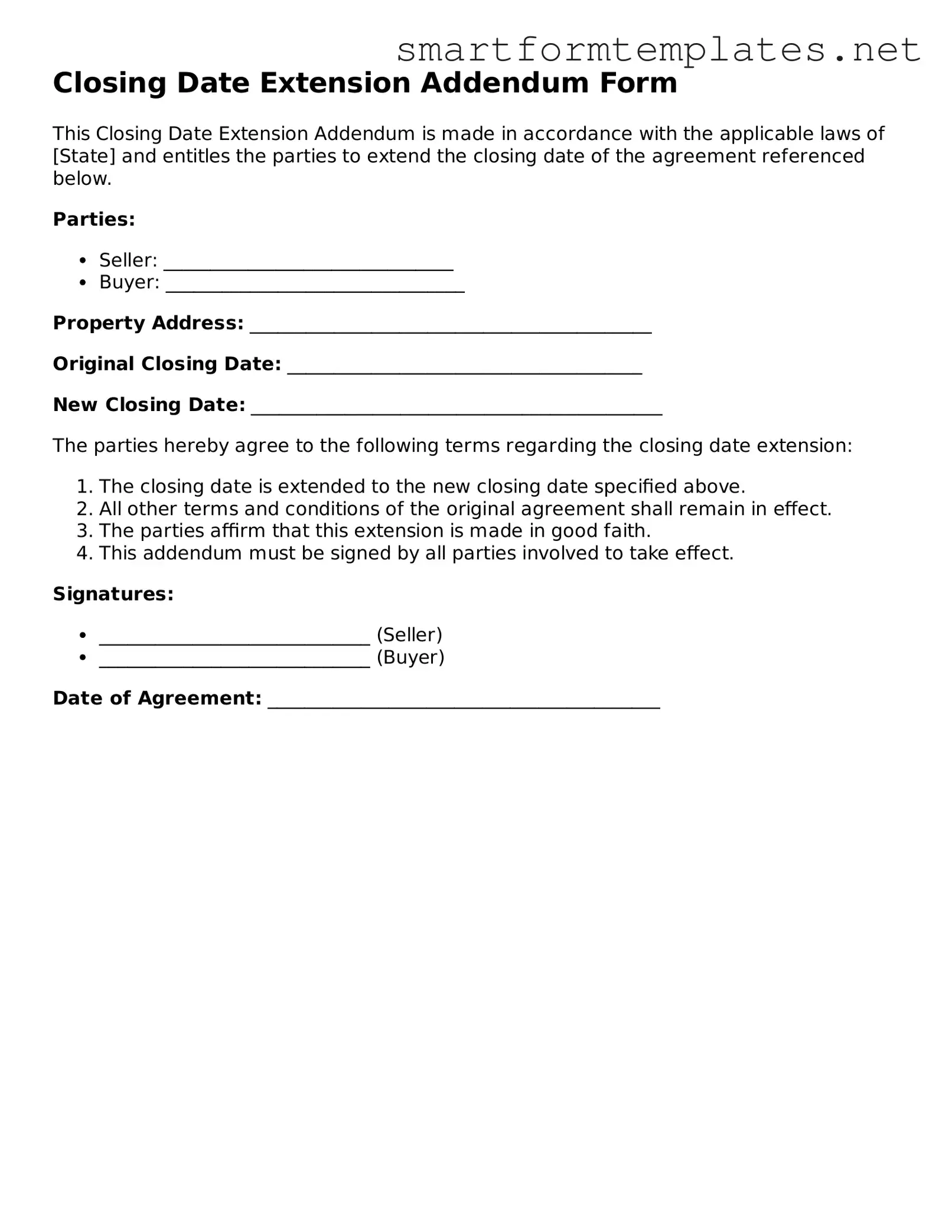 Closing Date Extension Addendum Form Template
