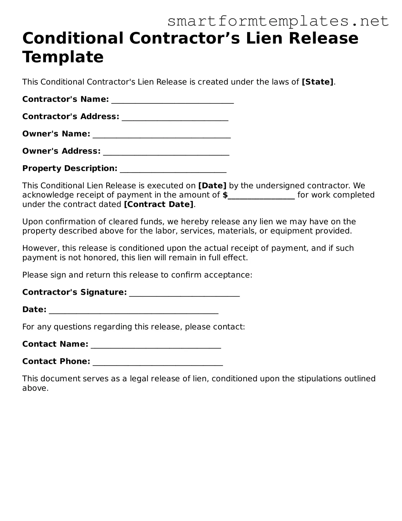Conditional Contractor’s Lien Release Template
