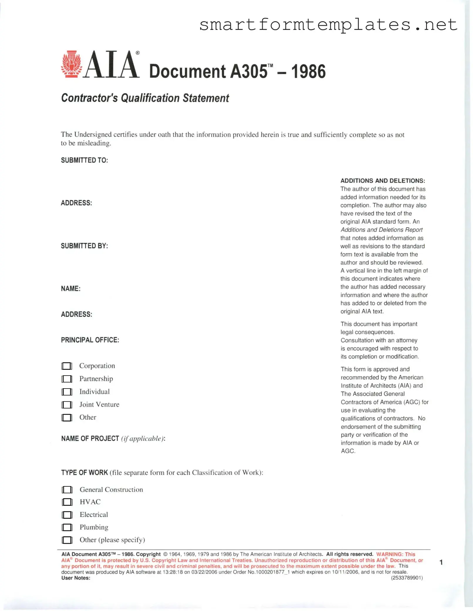 Free AIA A305 PDF Form