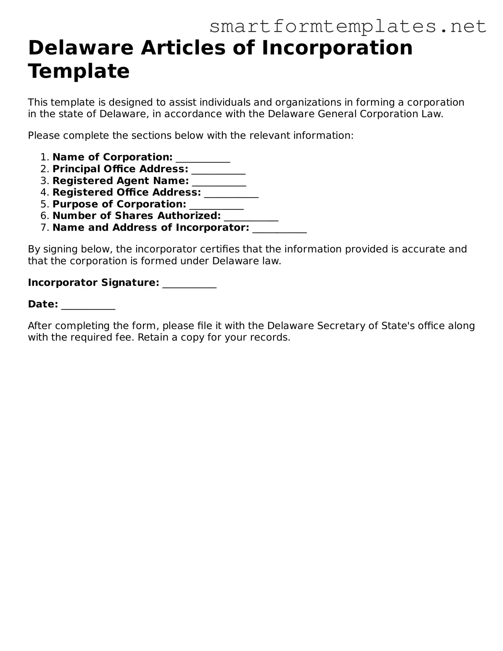Official Delaware Articles of Incorporation Form