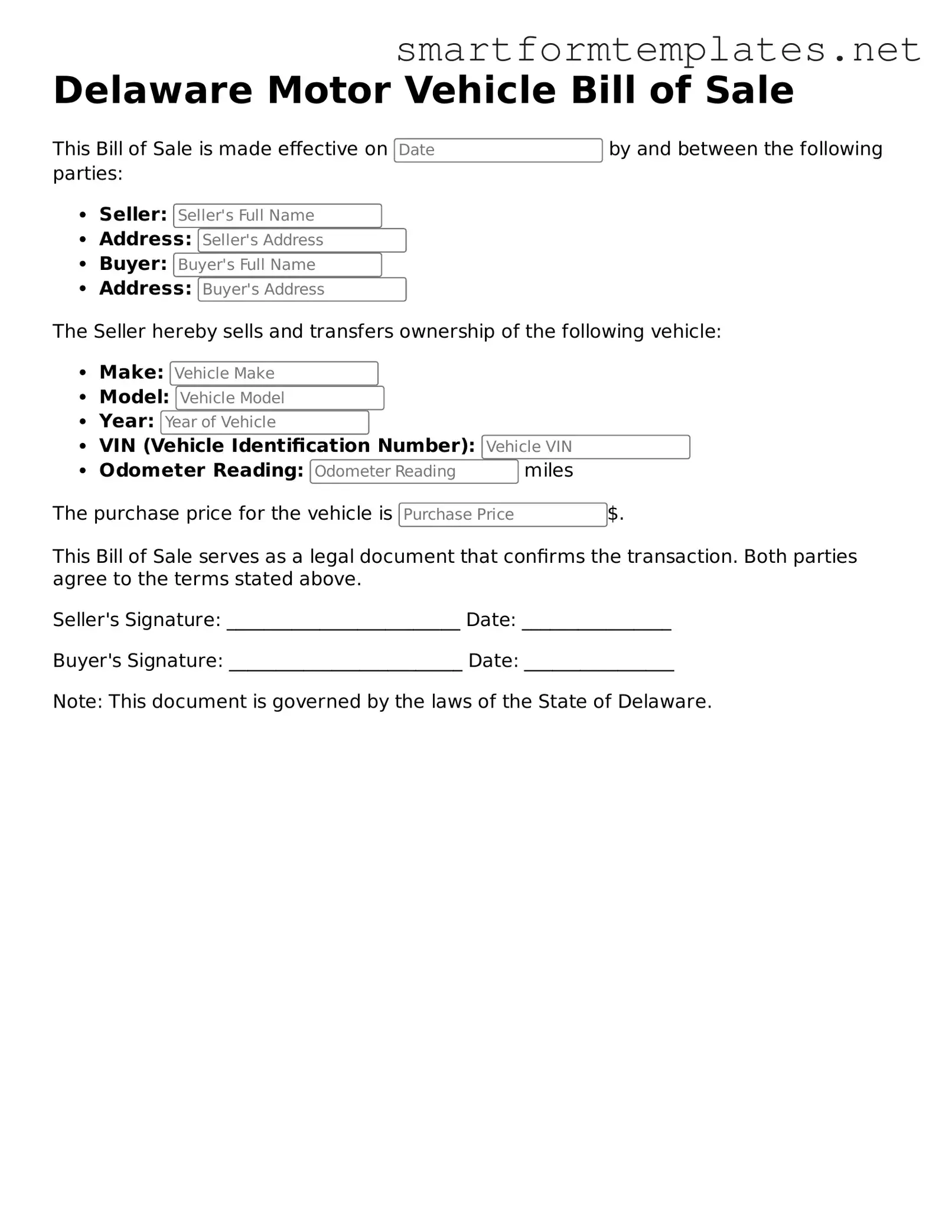 Official Delaware Motor Vehicle Bill of Sale Form
