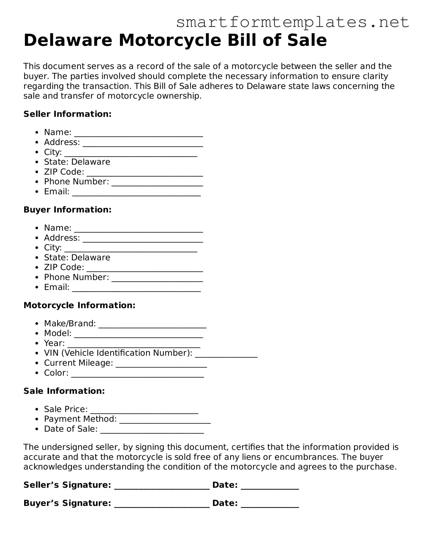 Official Delaware Motorcycle Bill of Sale Form