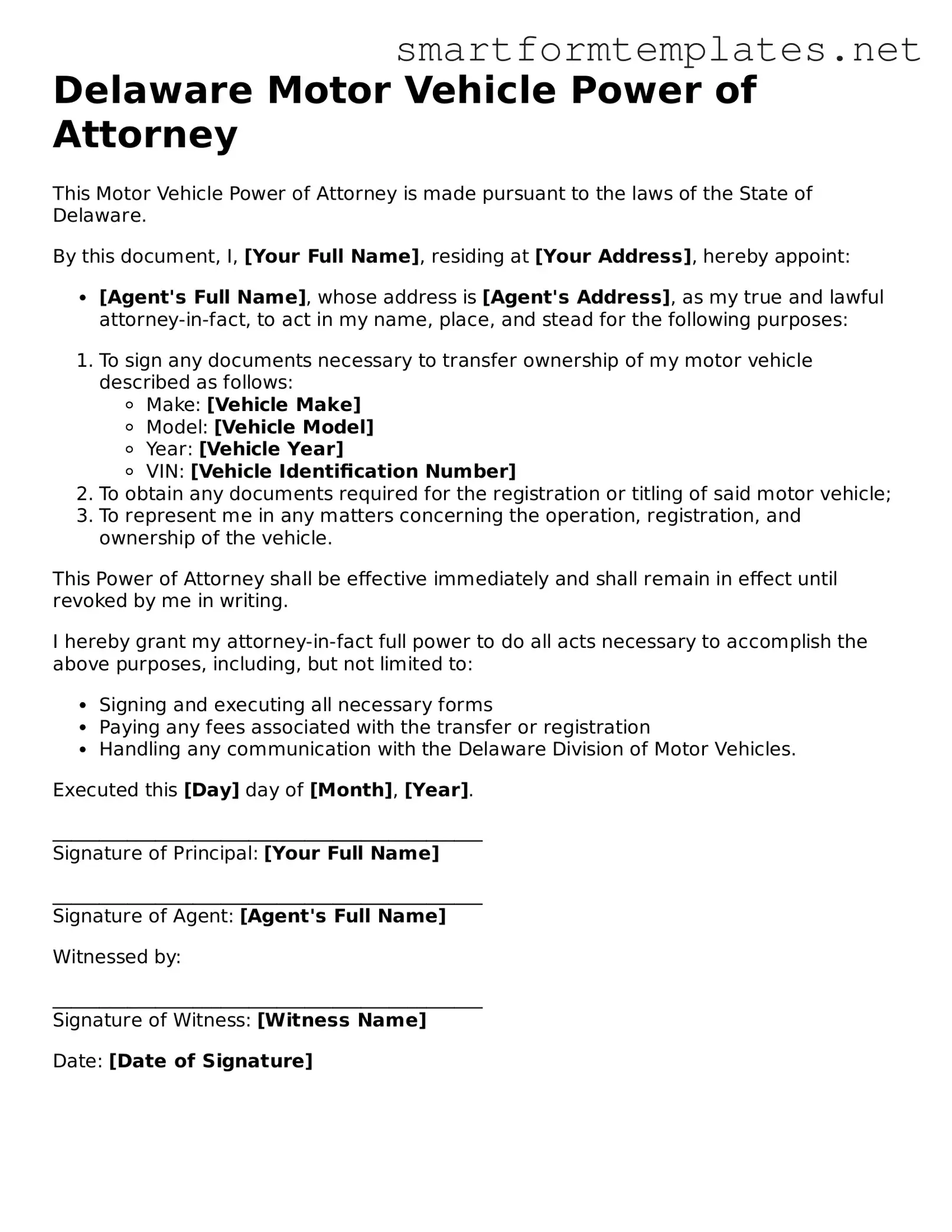 Official Delaware Motor Vehicle Power of Attorney Form