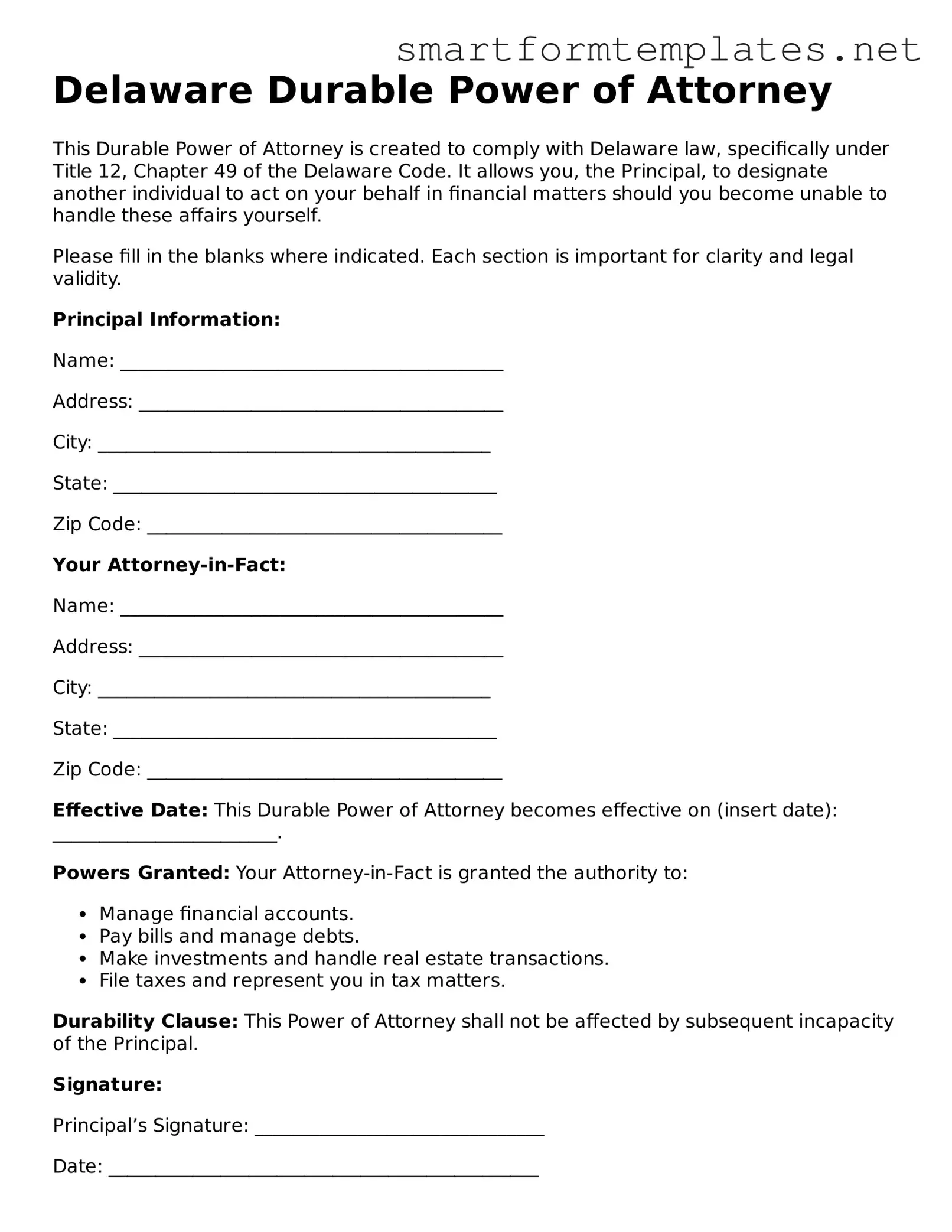 Official Delaware Durable Power of Attorney Form