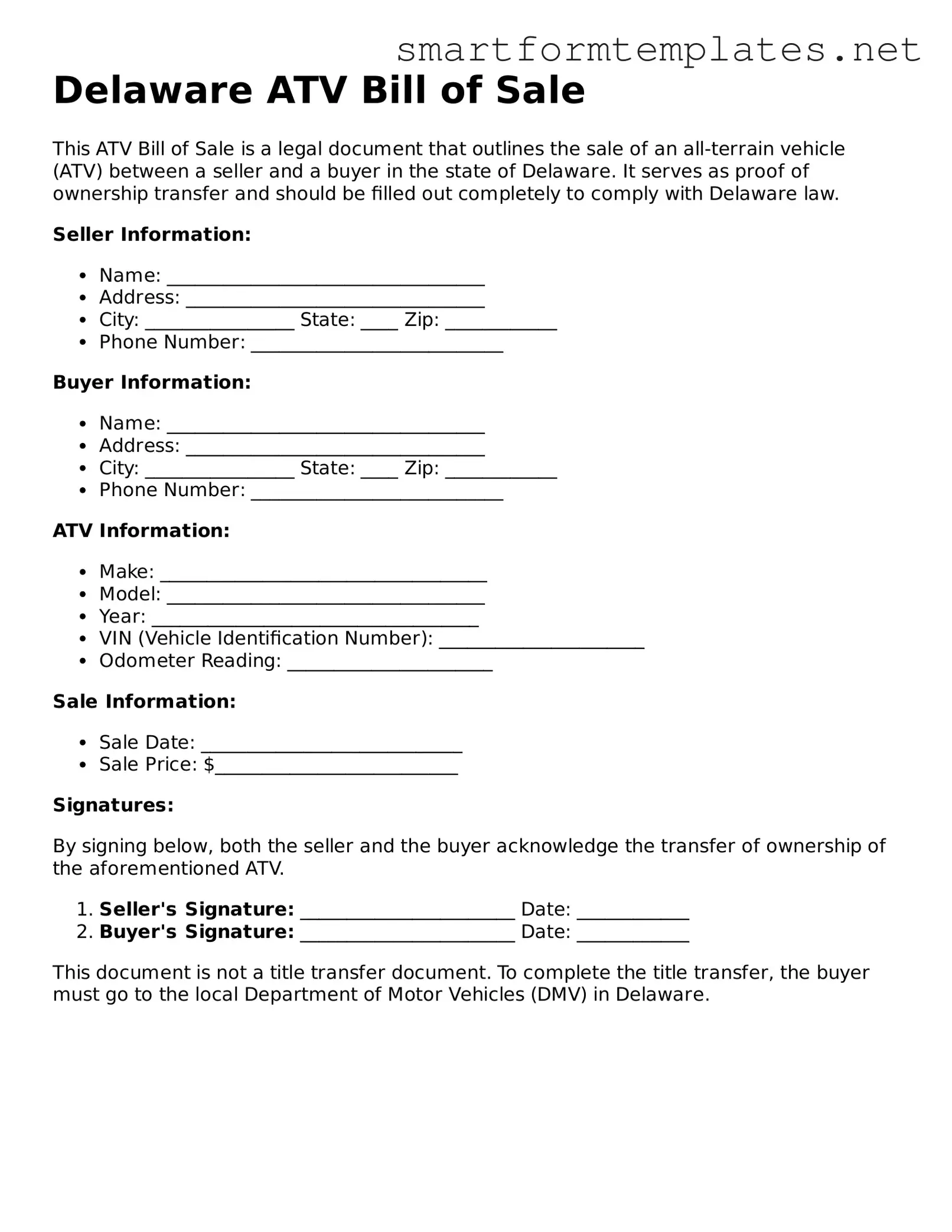 Official Delaware ATV Bill of Sale Form
