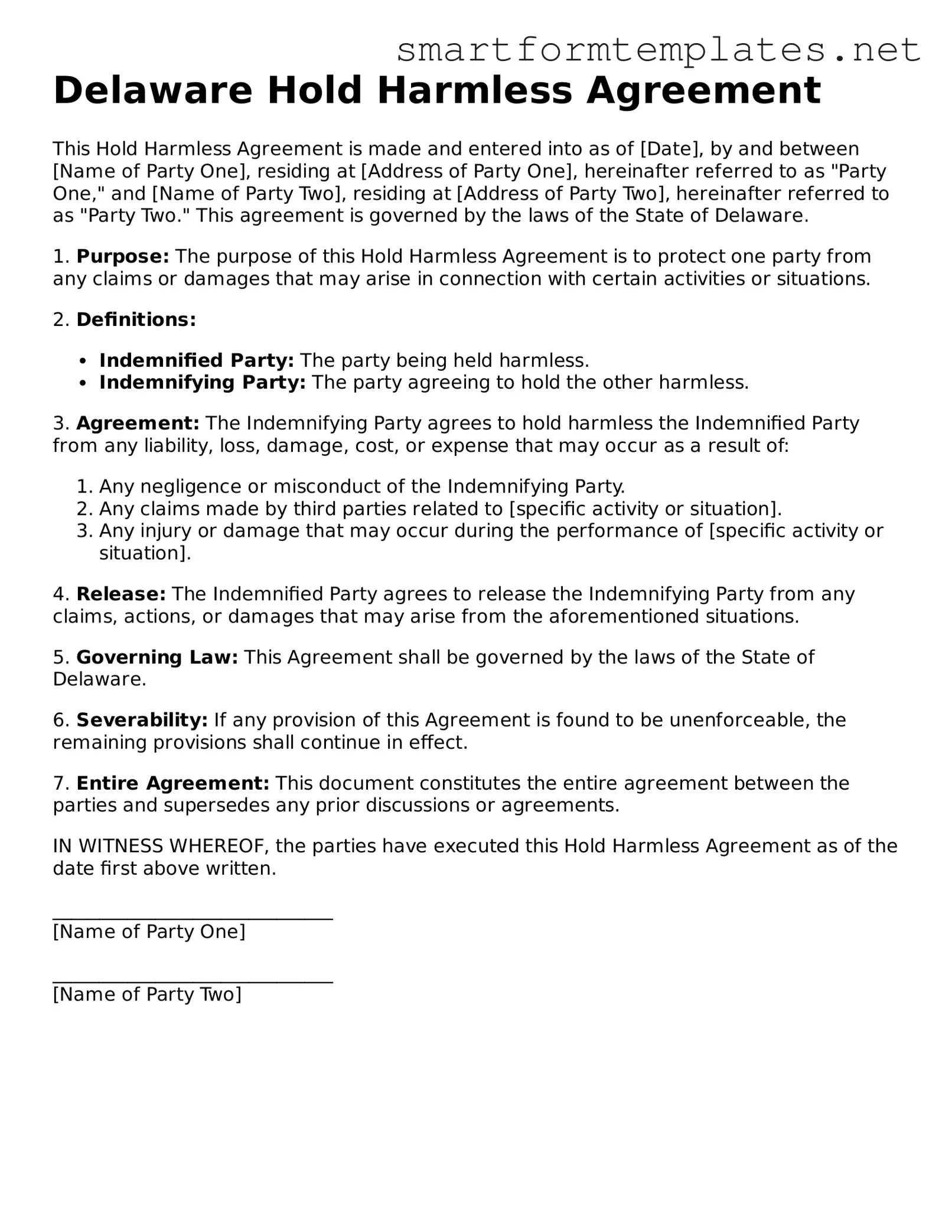Official Delaware Hold Harmless Agreement Form