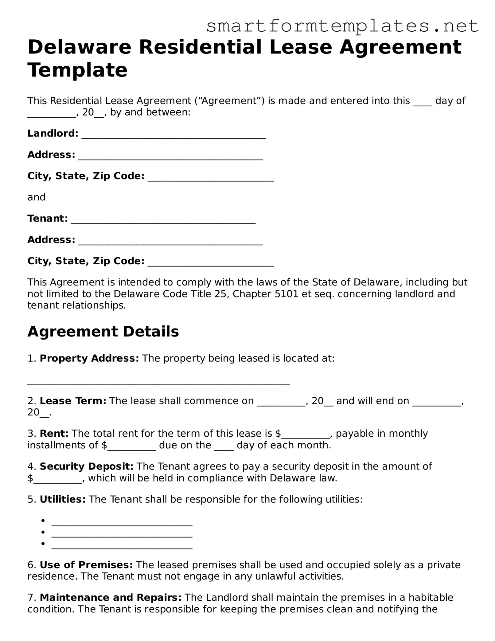 Official Delaware Residential Lease Agreement Form