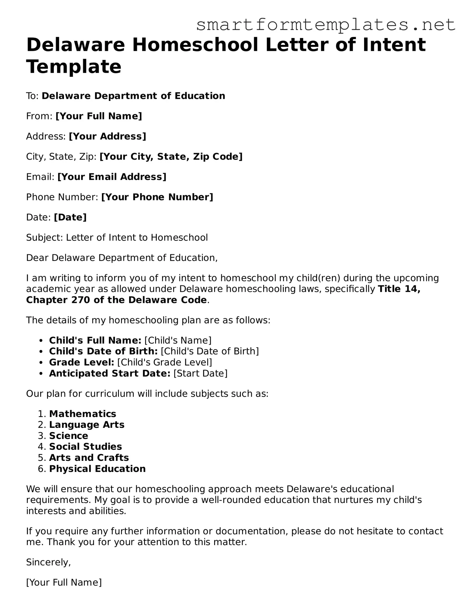 Official Delaware Homeschool Letter of Intent Form