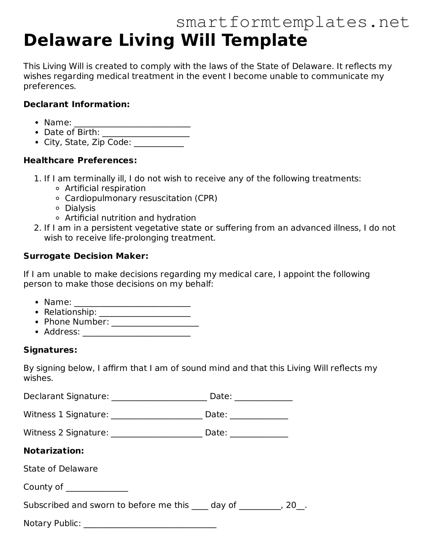 Official Delaware Living Will Form