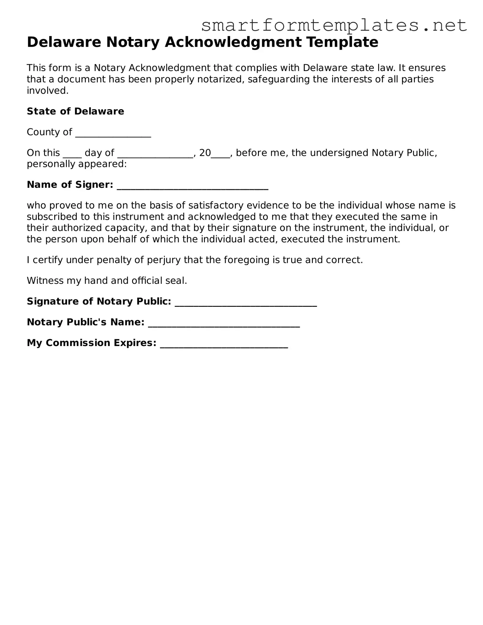 Official Delaware Notary Acknowledgement Form
