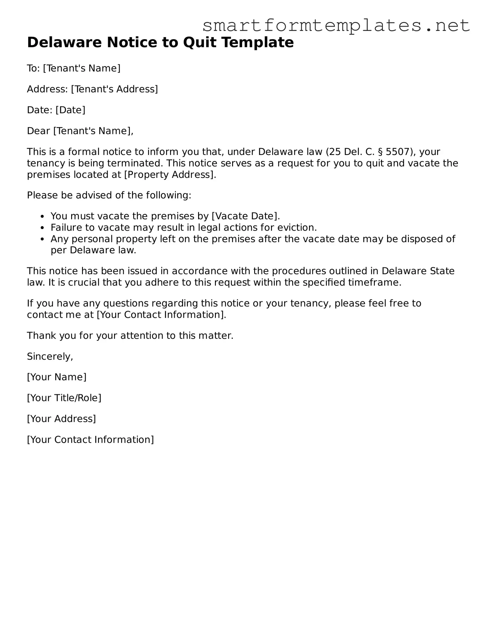 Official Delaware Notice to Quit Form
