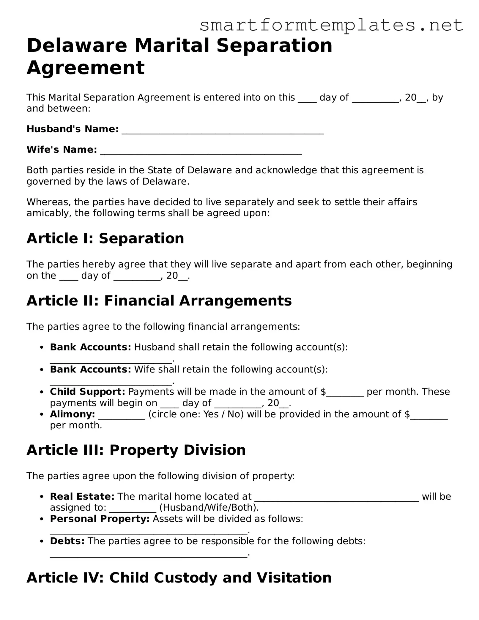 Official Delaware Marital Separation Agreement Form