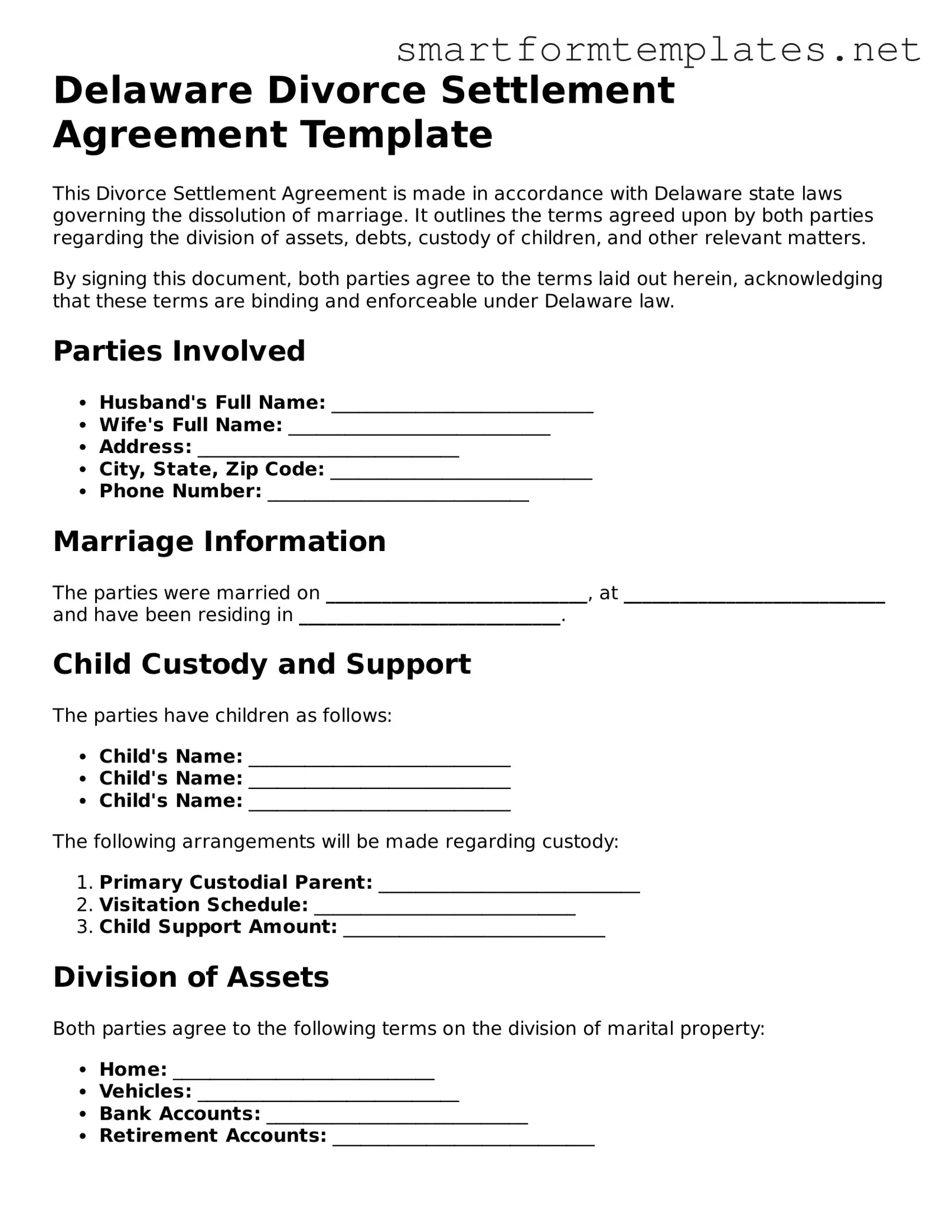 Official Delaware Divorce Settlement Agreement Form