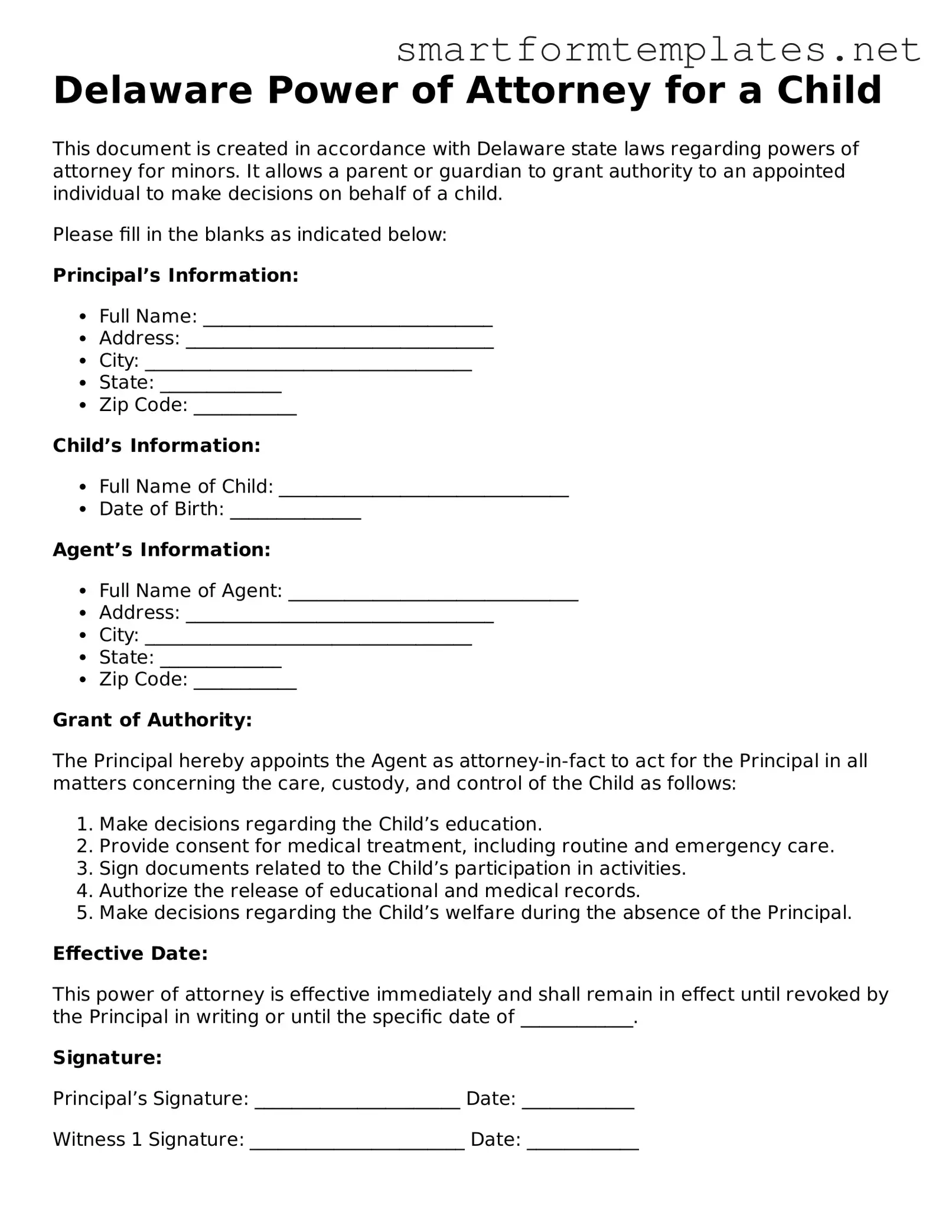 Official Delaware Power of Attorney for a Child Form