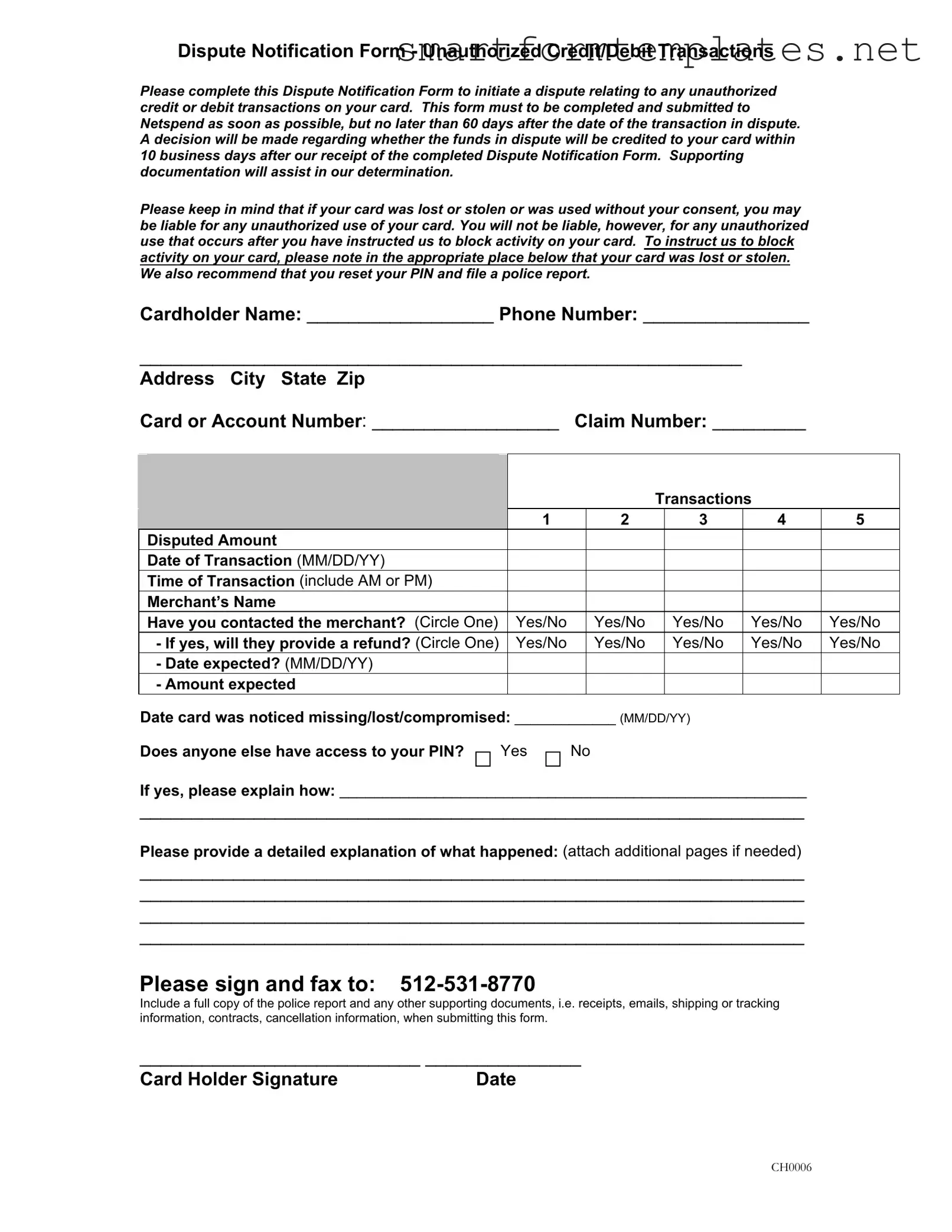 Free Netspend Dispute PDF Form