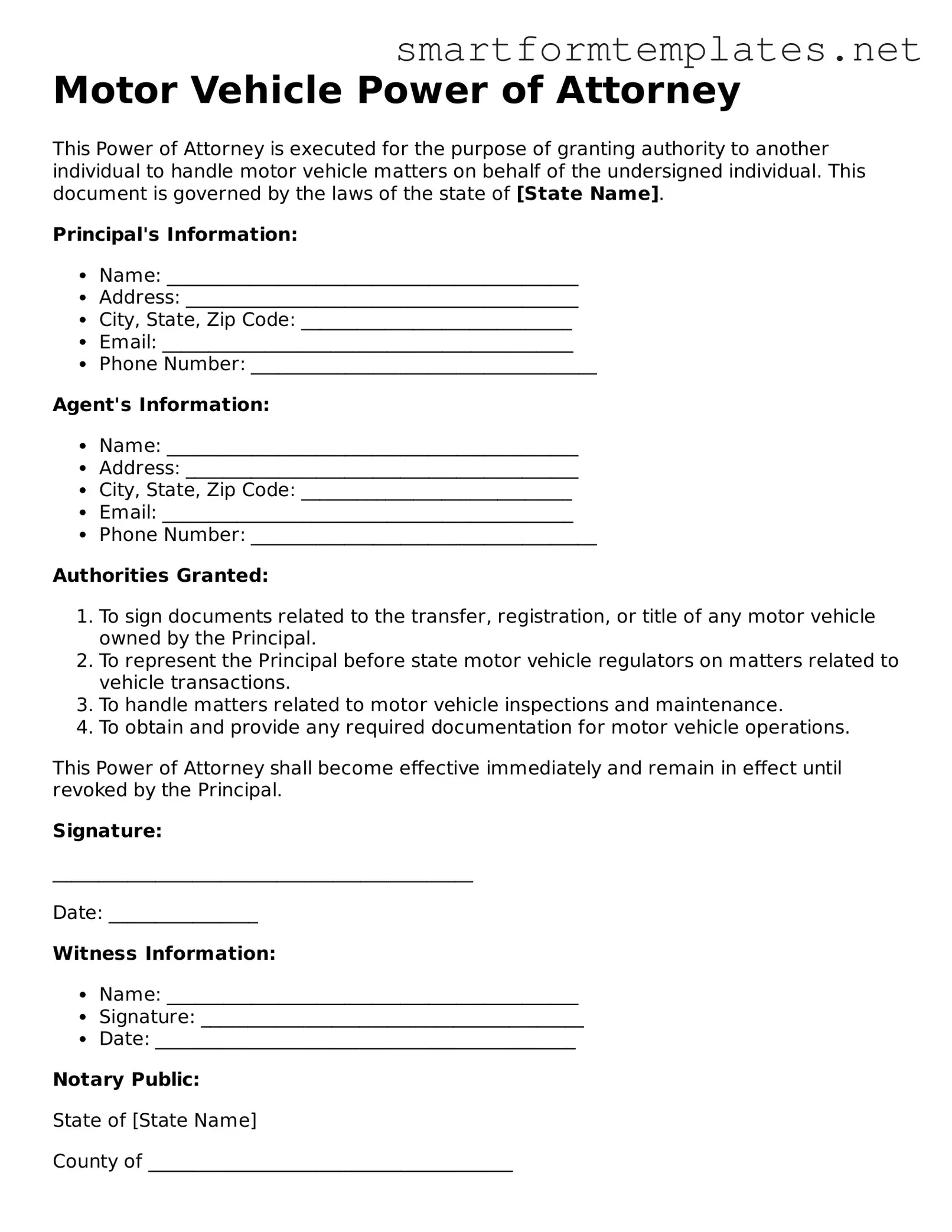 Motor Vehicle Power of Attorney Template