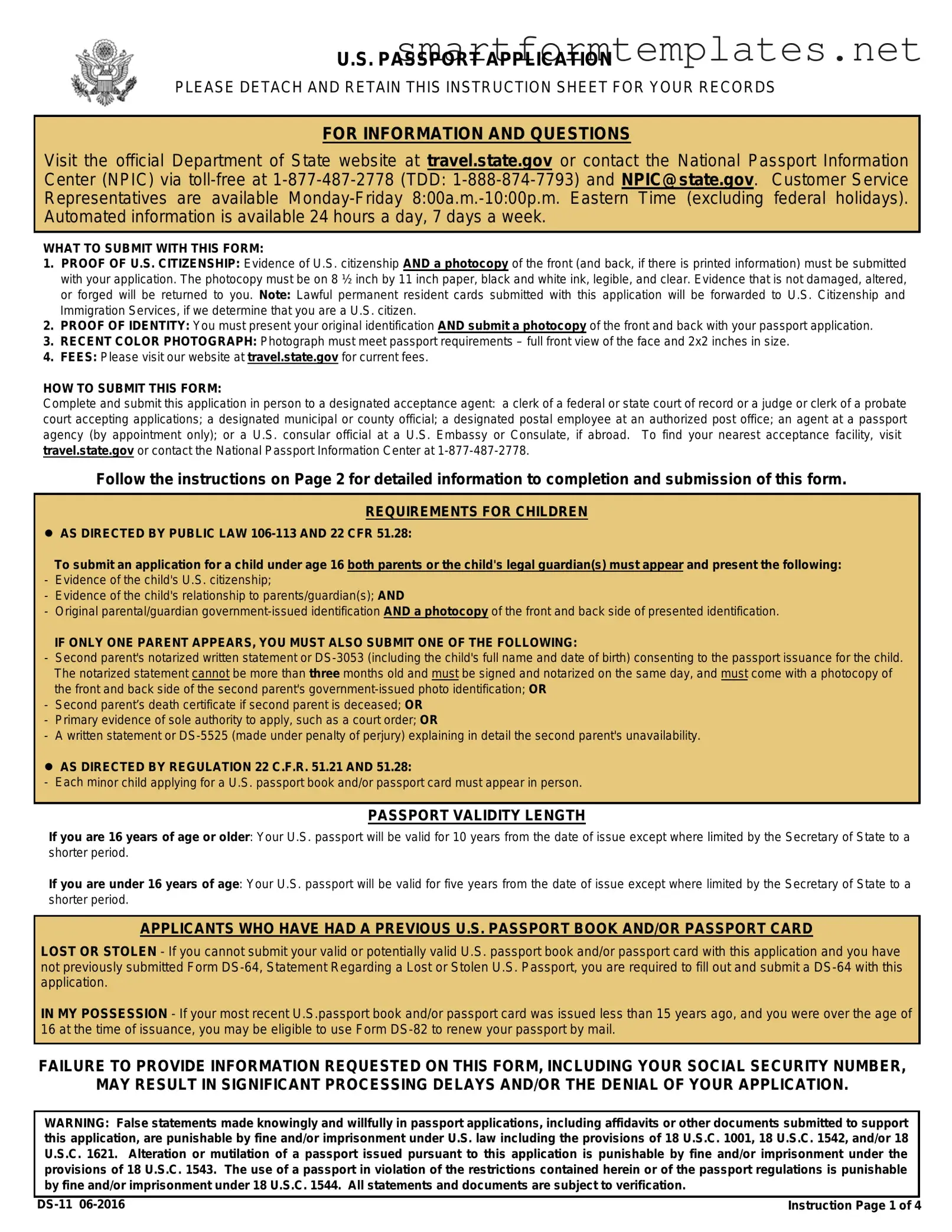 Free DS-11 U.S. Passport application PDF Form