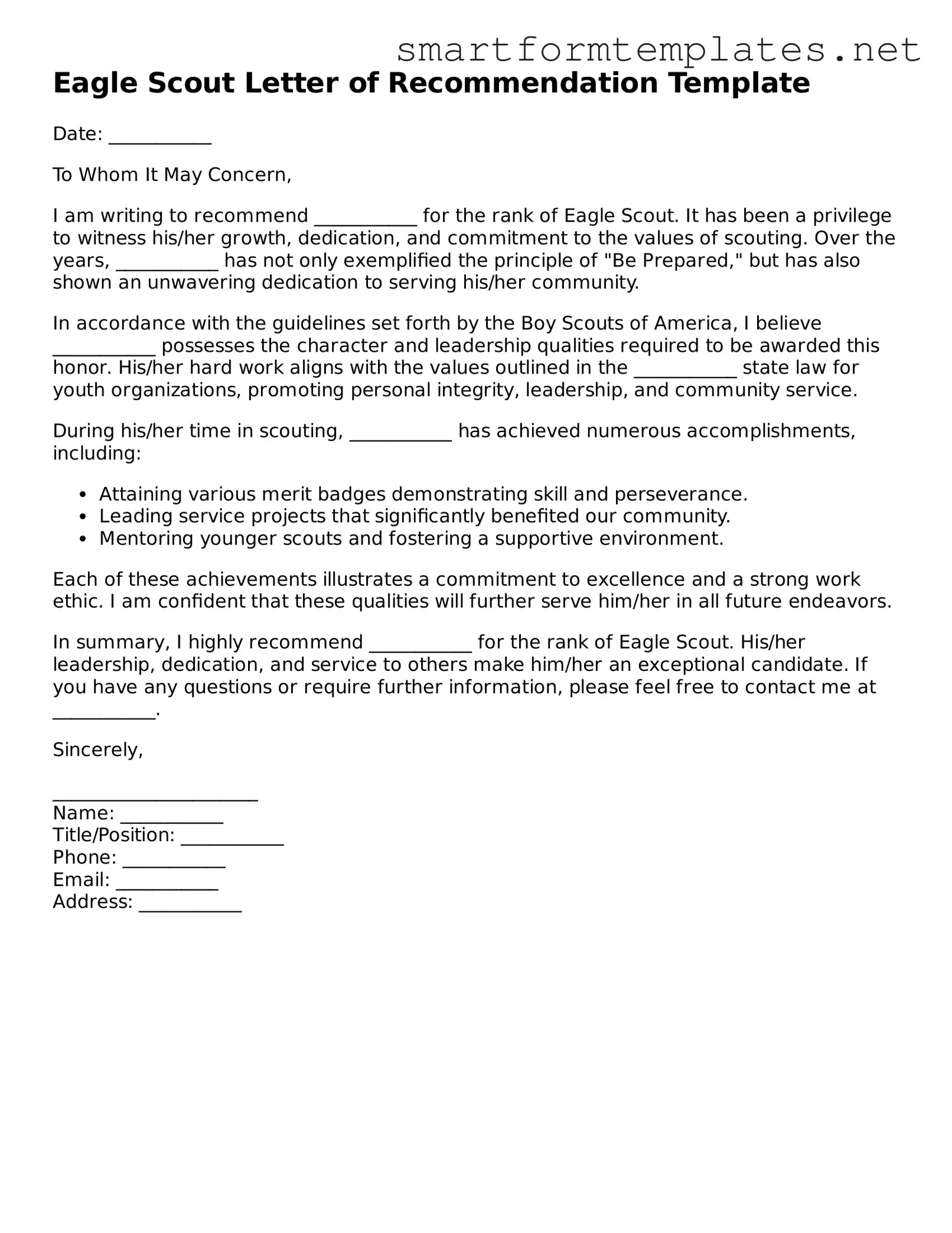 Eagle Scout Letter of Recommendation Template