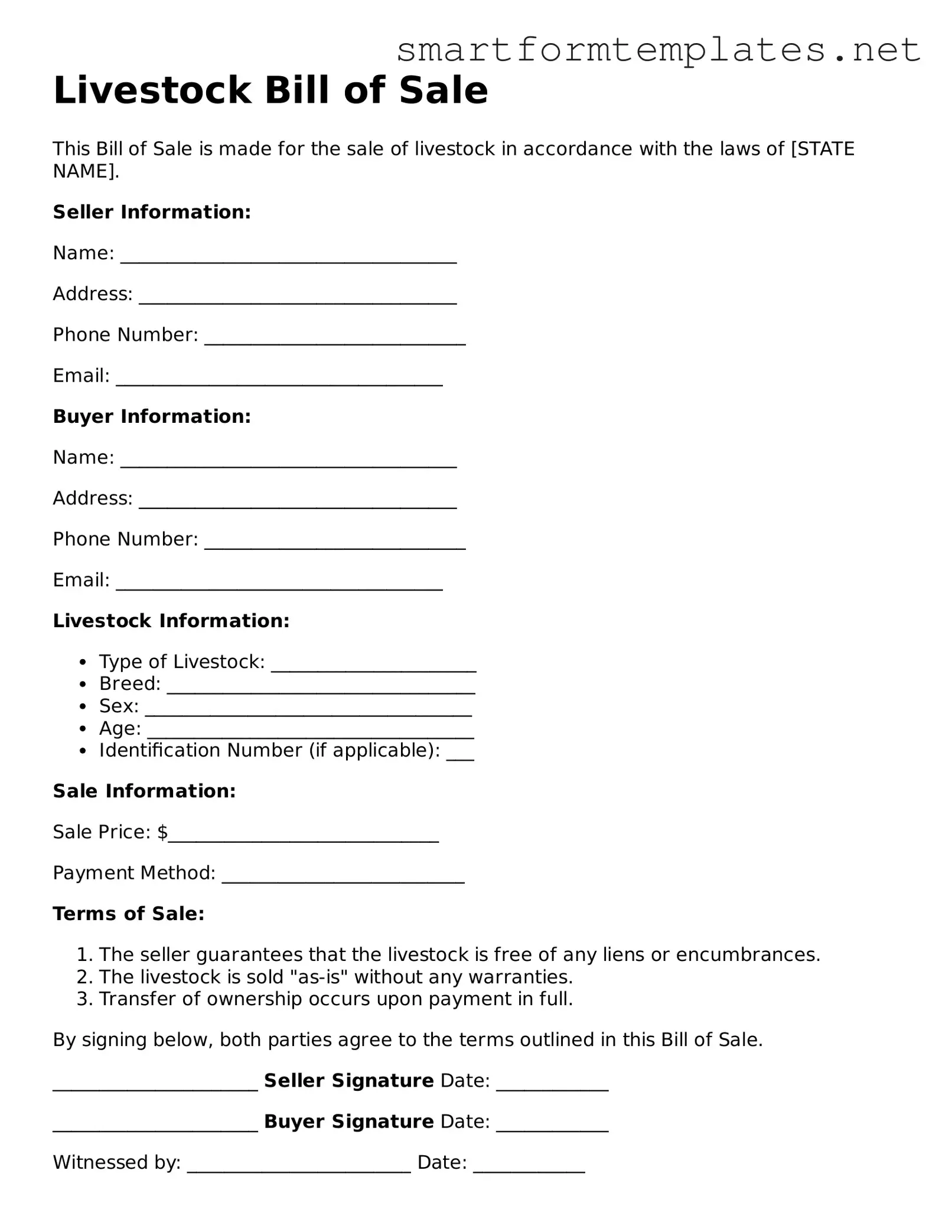 Livestock Bill of Sale Template