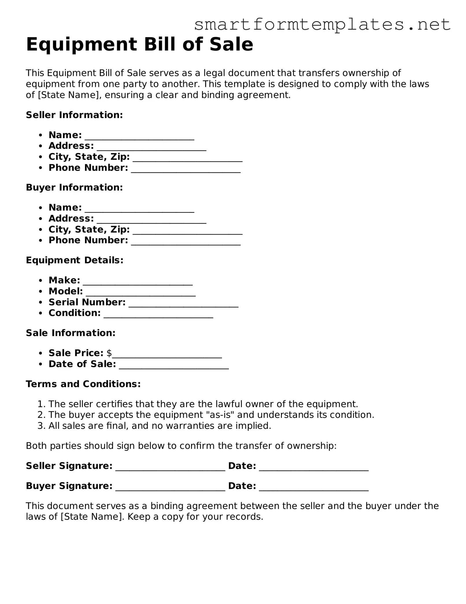 Equipment Bill of Sale Template
