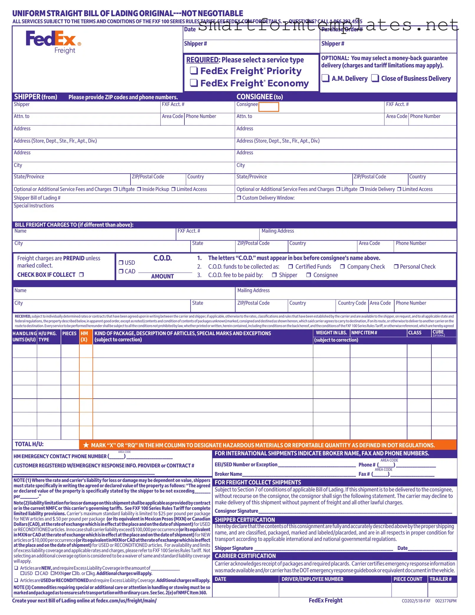 Free Fedex Bill Of Lading PDF Form