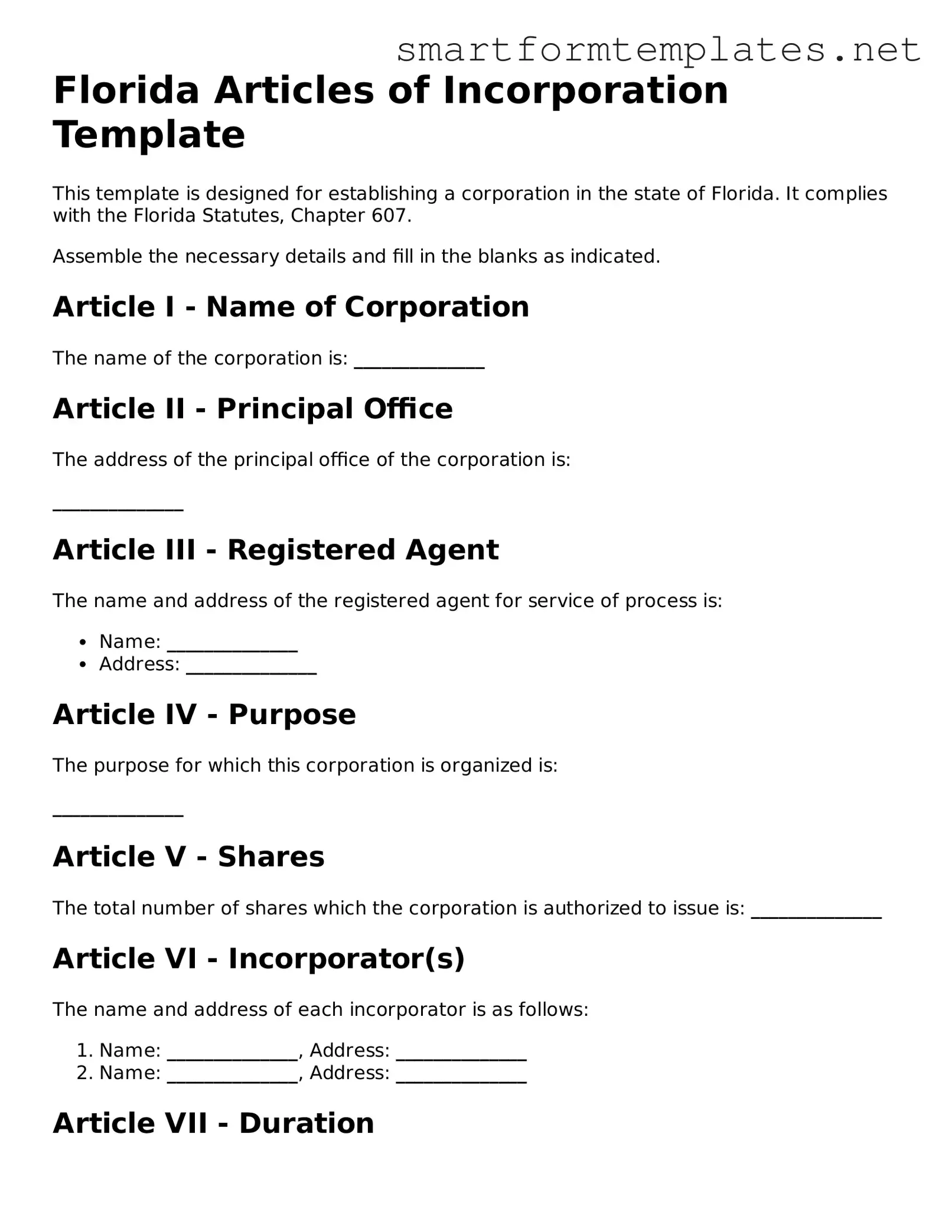 Official Florida Articles of Incorporation Form