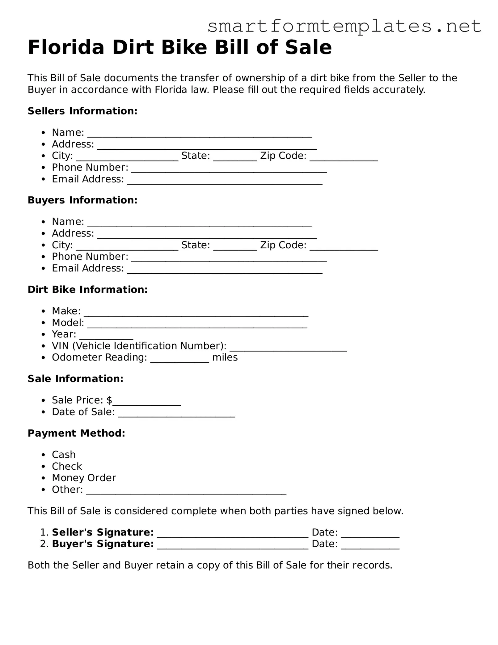 Official Florida Dirt Bike Bill of Sale Form