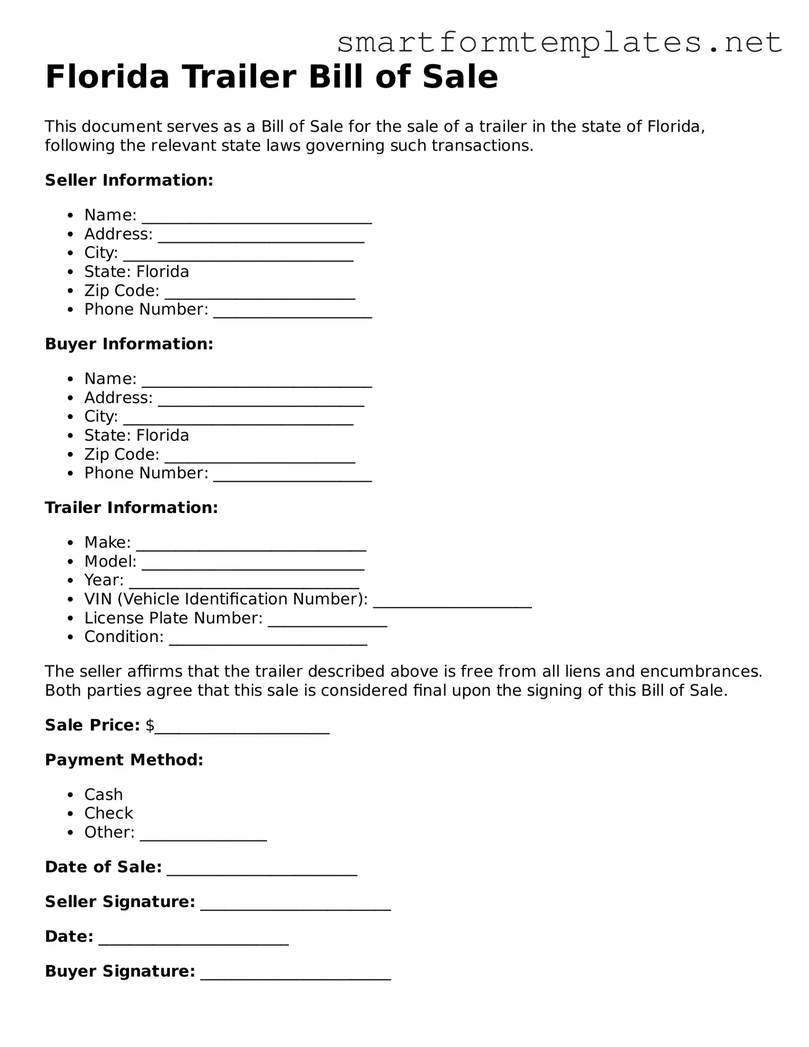 Official Florida Trailer Bill of Sale Form