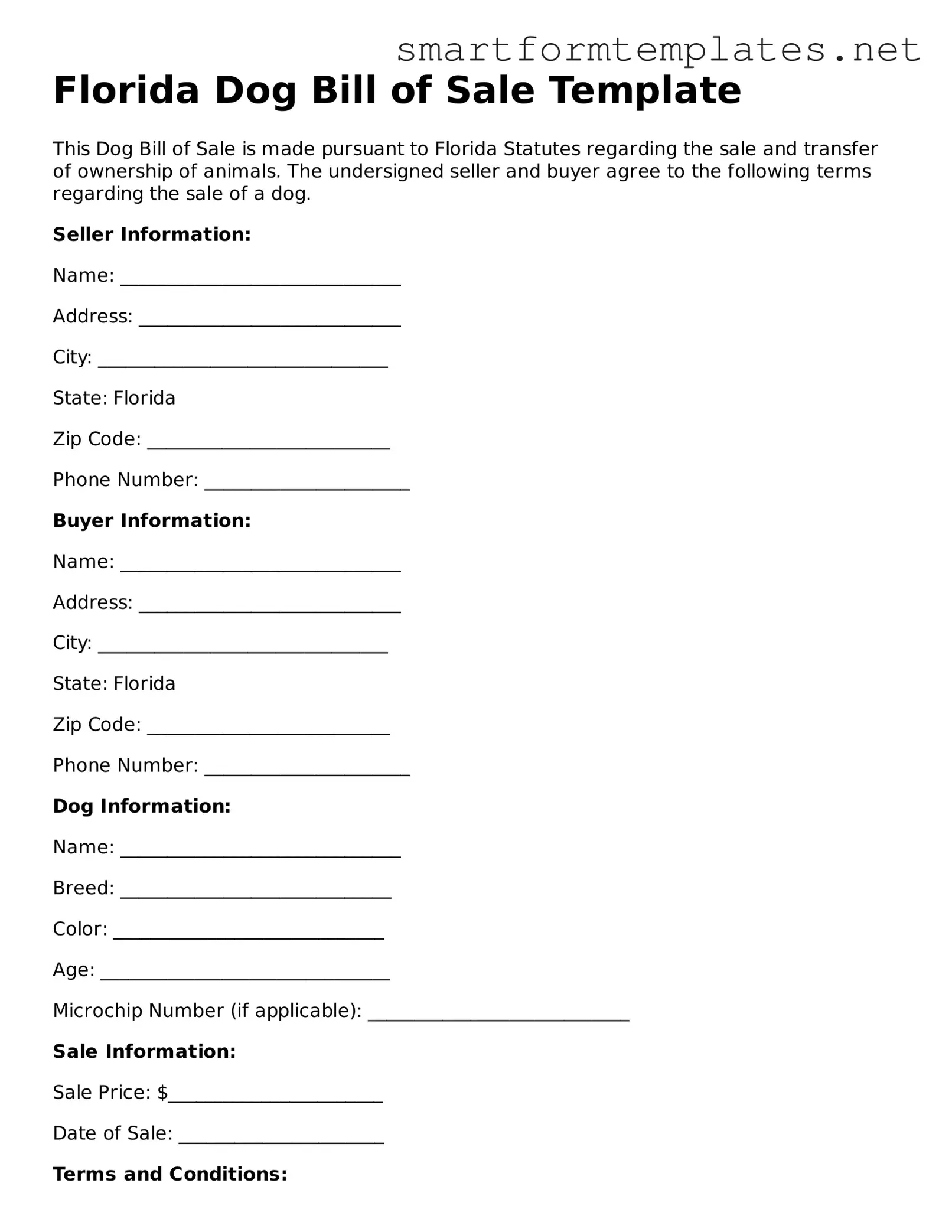 Official Florida Dog Bill of Sale Form
