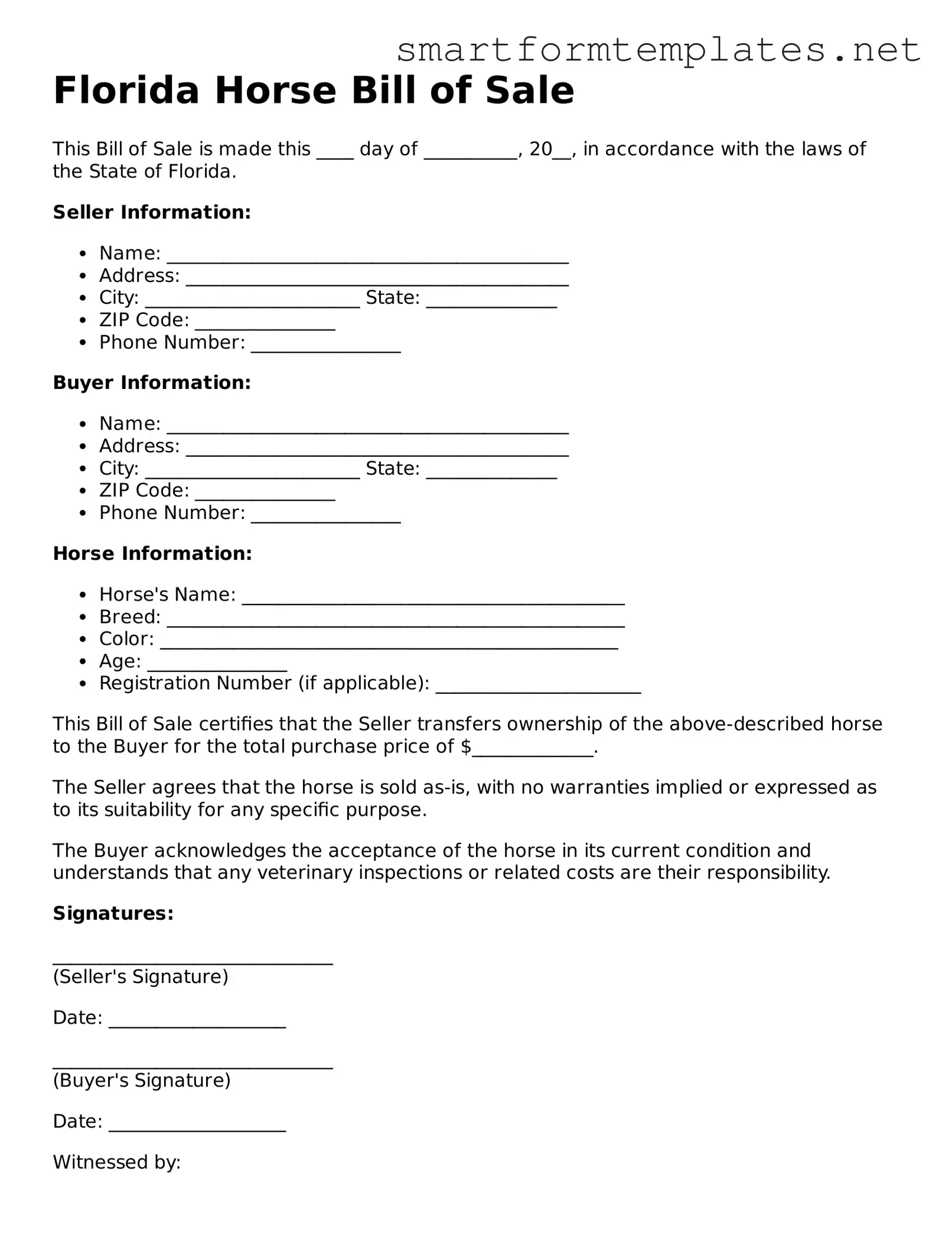 Official Florida Horse Bill of Sale Form