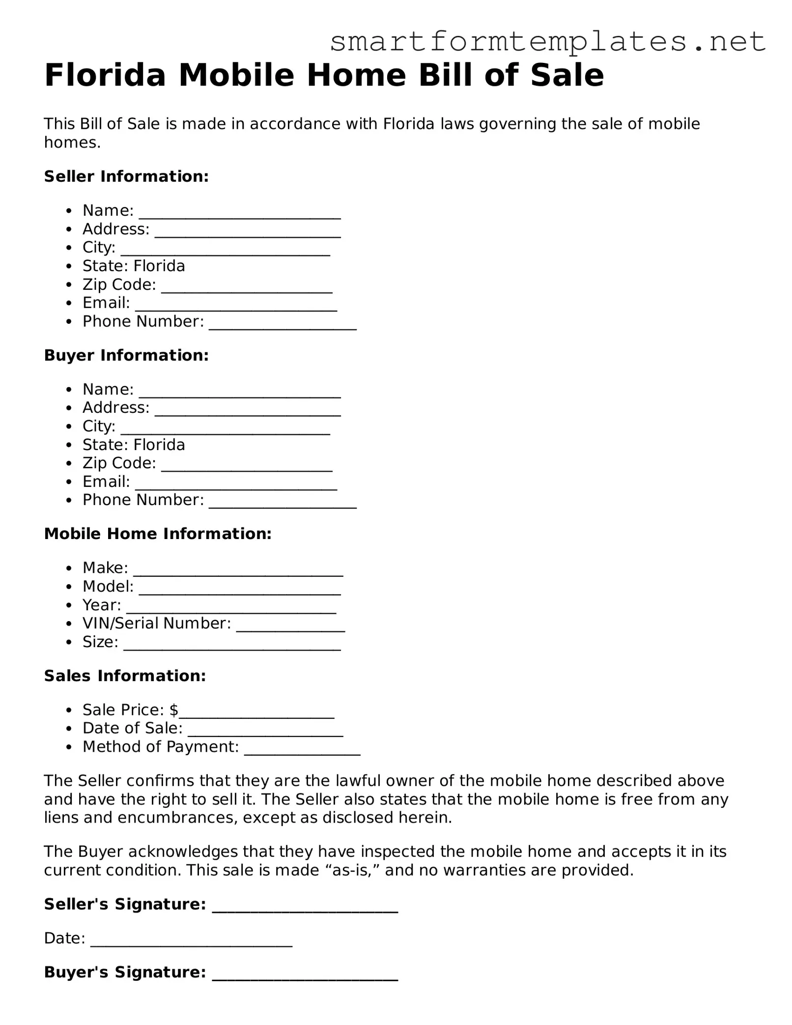 Official Florida Mobile Home Bill of Sale Form