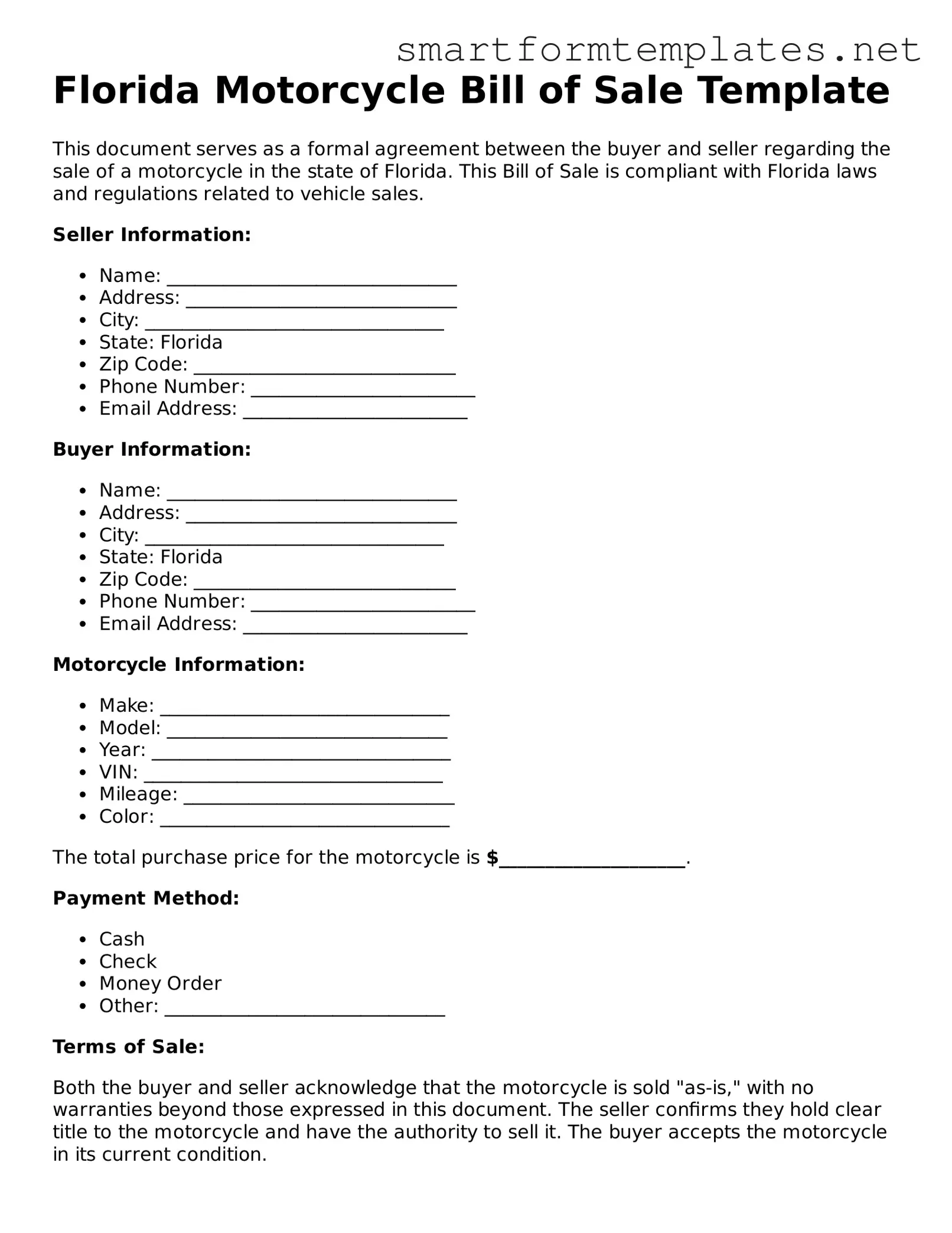 Official Florida Motorcycle Bill of Sale Form