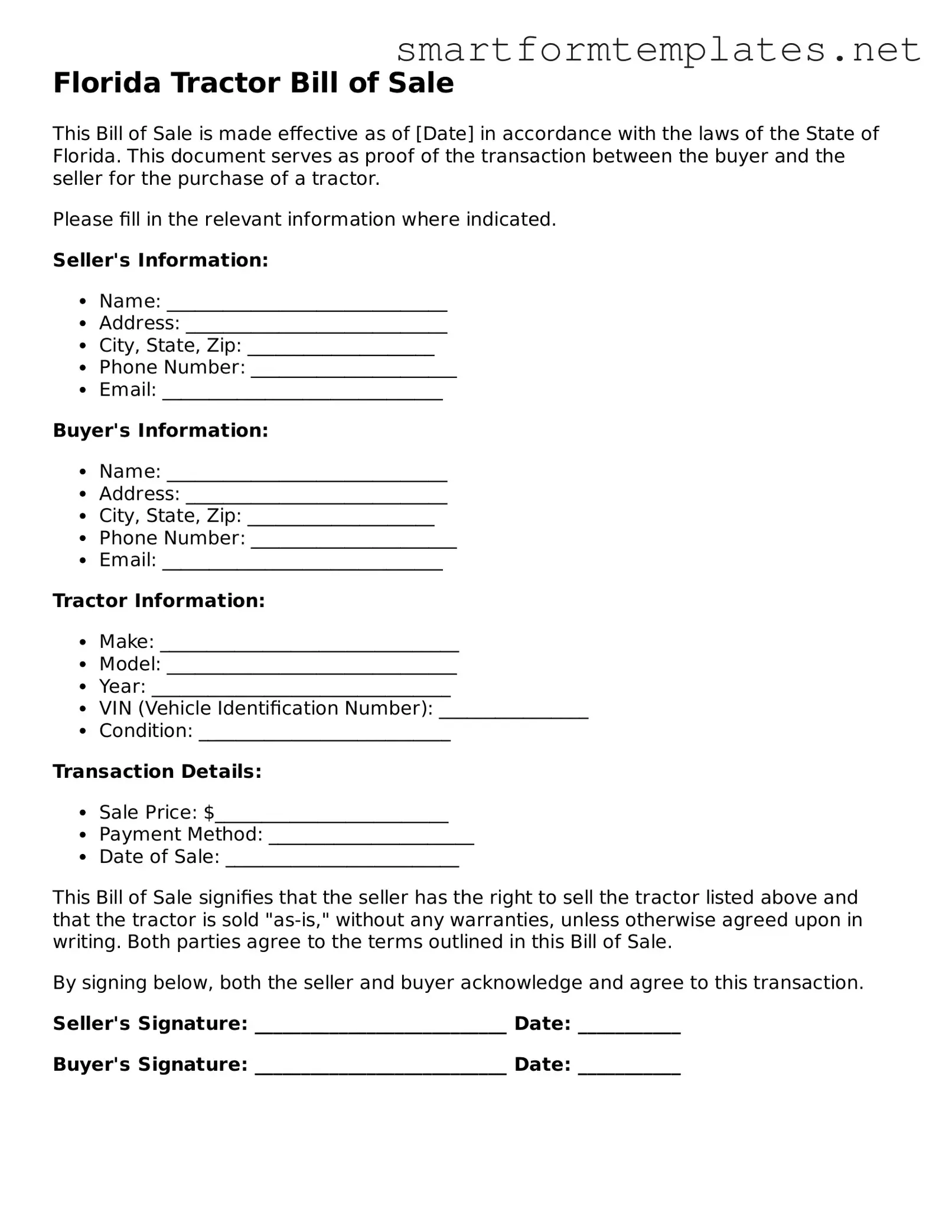 Official Florida Tractor Bill of Sale Form