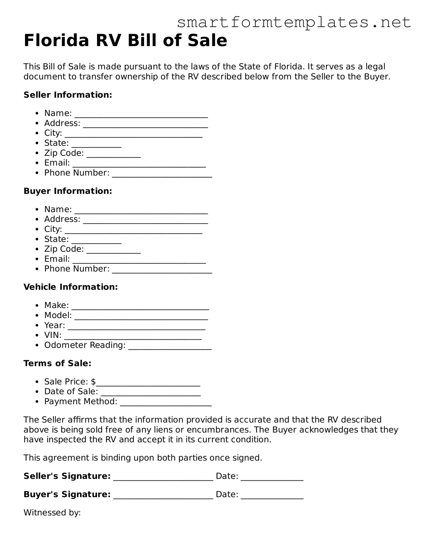 Official Florida RV Bill of Sale Form