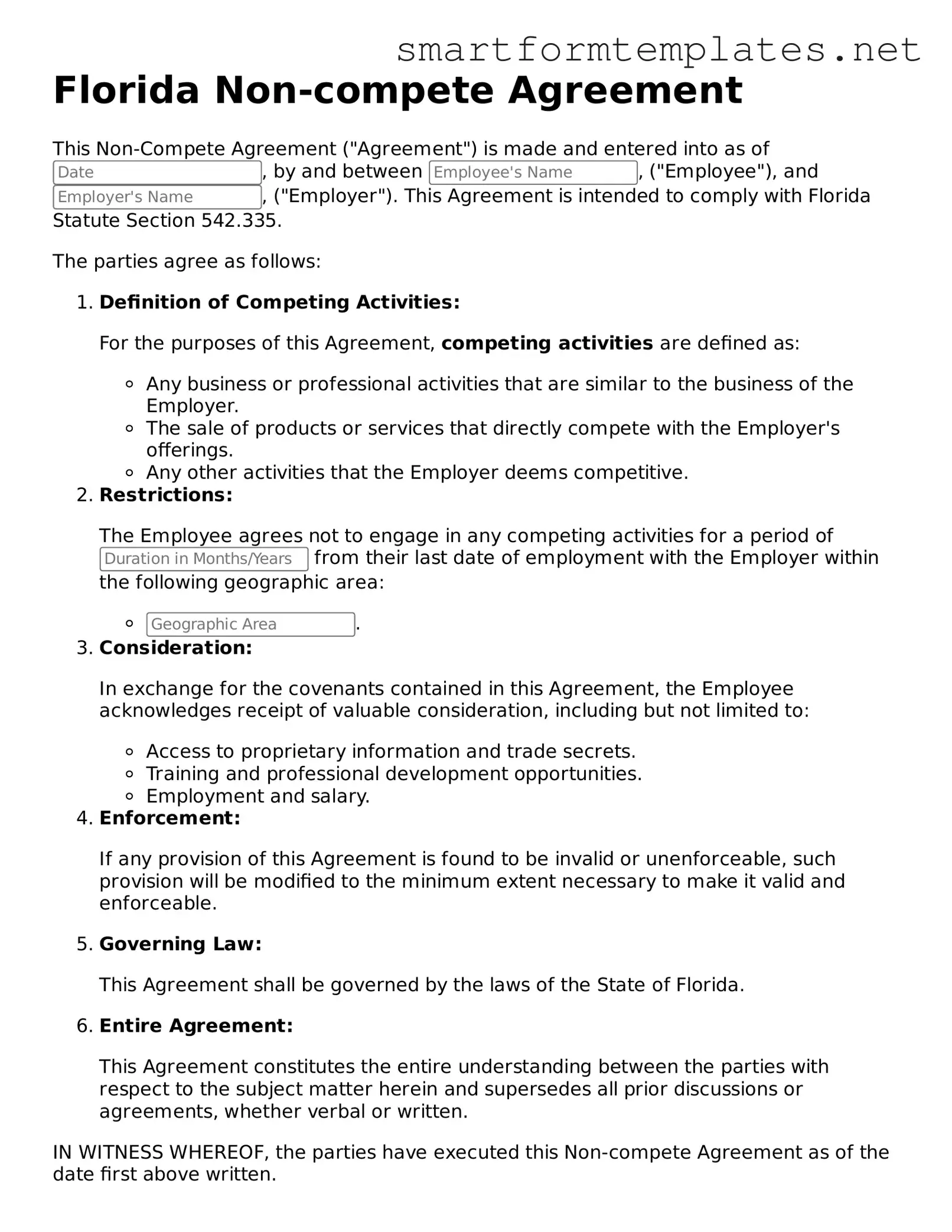 Official Florida Non-compete Agreement Form