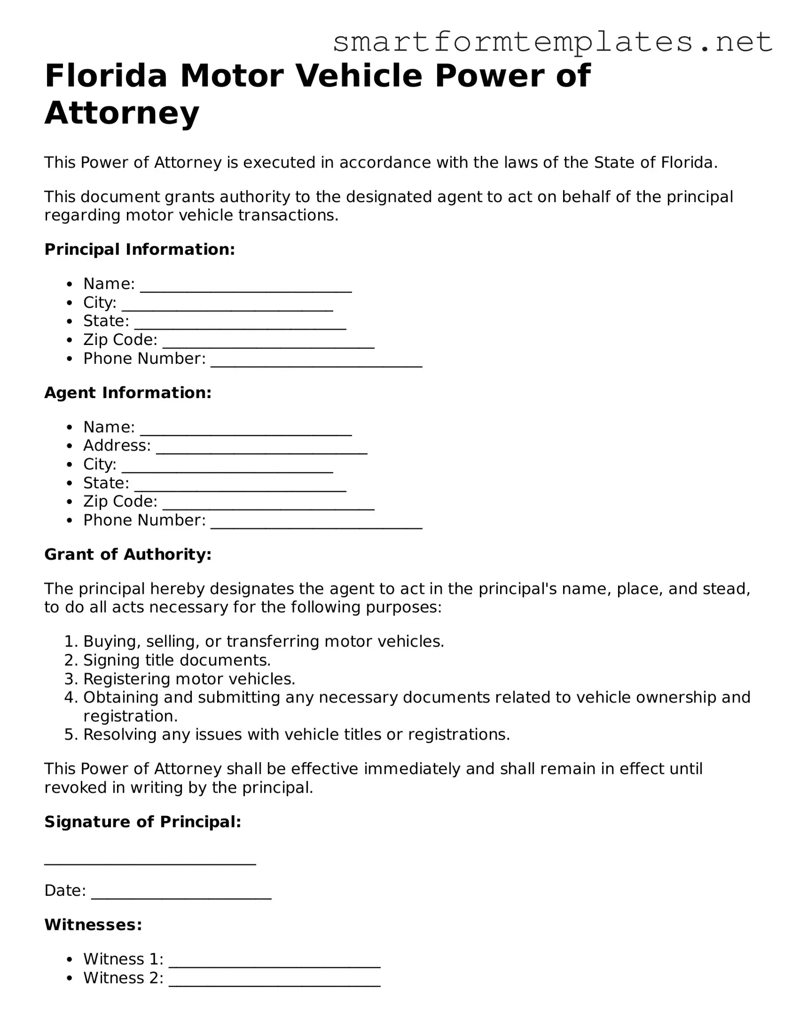 Official Florida Motor Vehicle Power of Attorney Form
