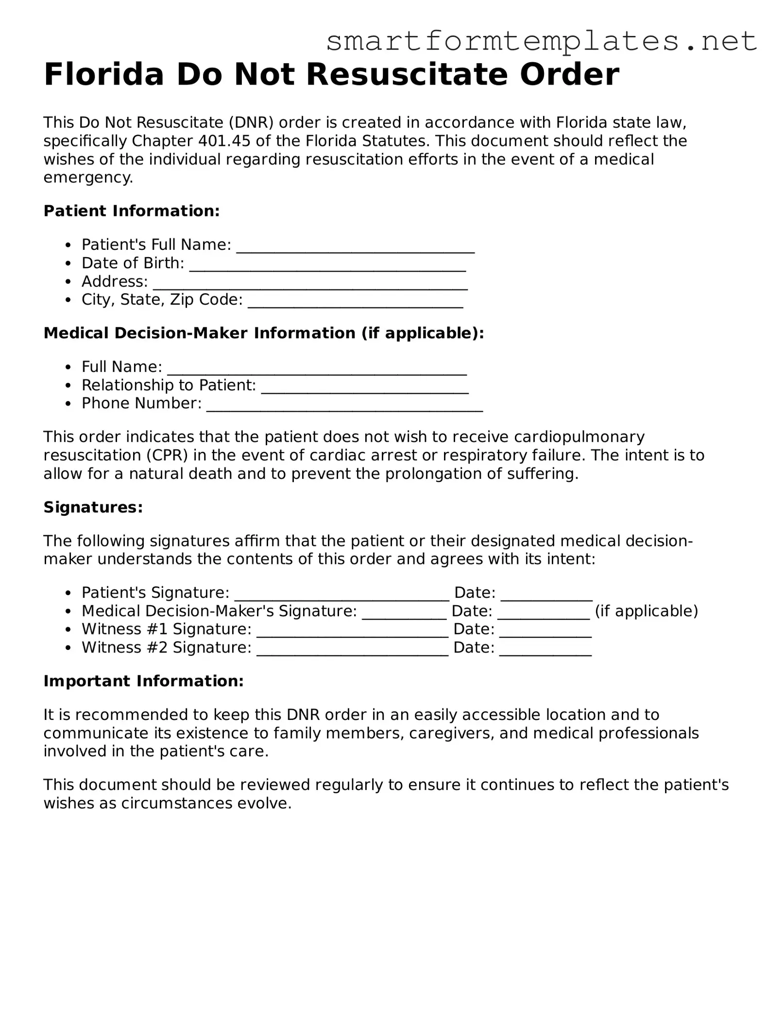 Official Florida Do Not Resuscitate Order Form