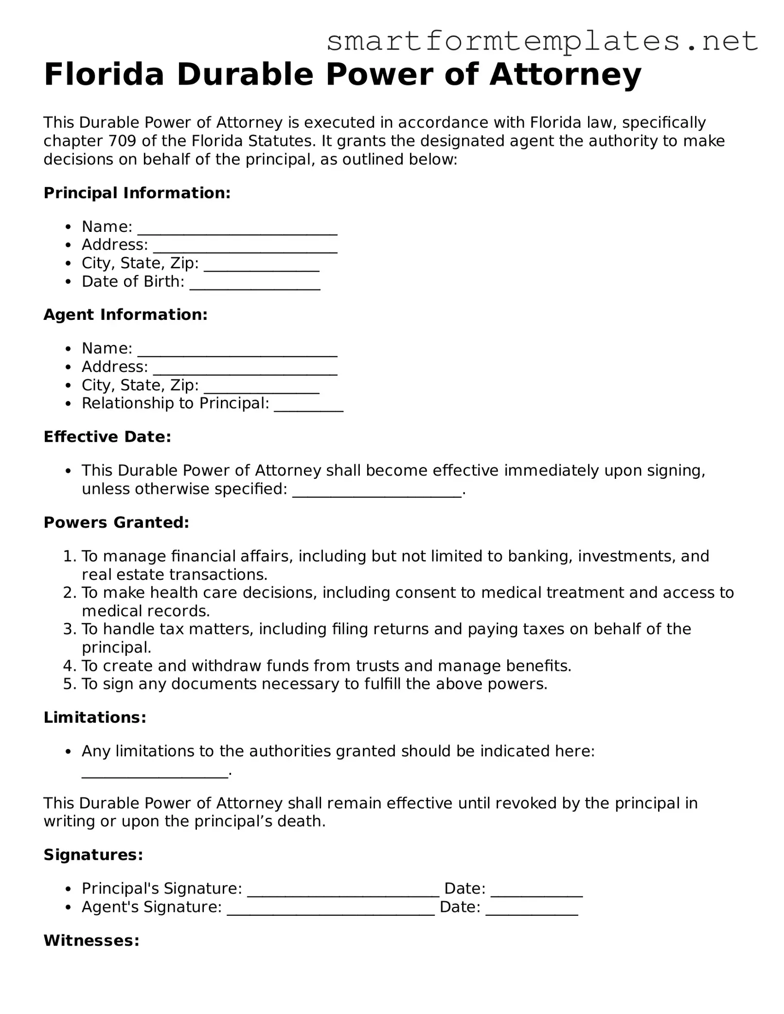 Official Florida Durable Power of Attorney Form