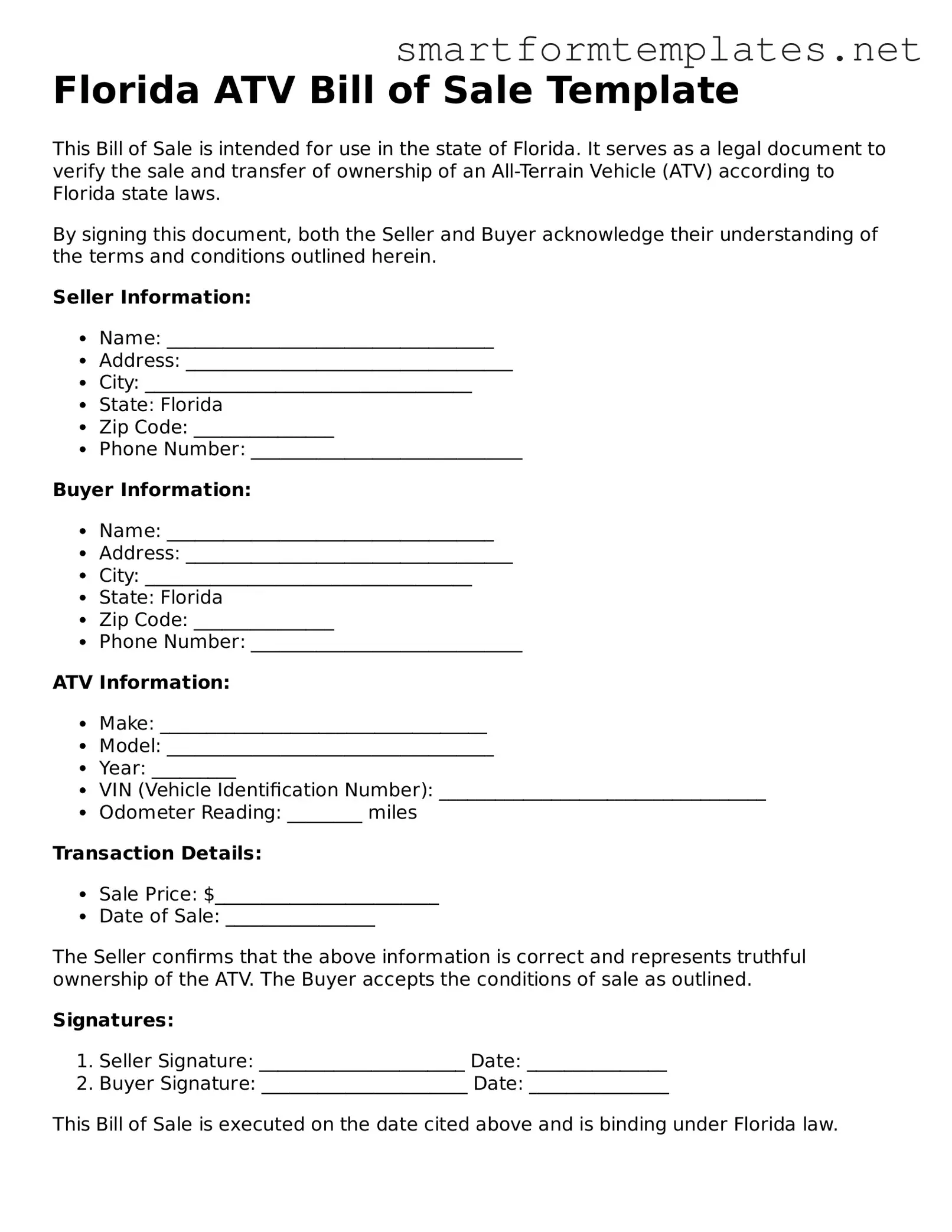 Official Florida ATV Bill of Sale Form