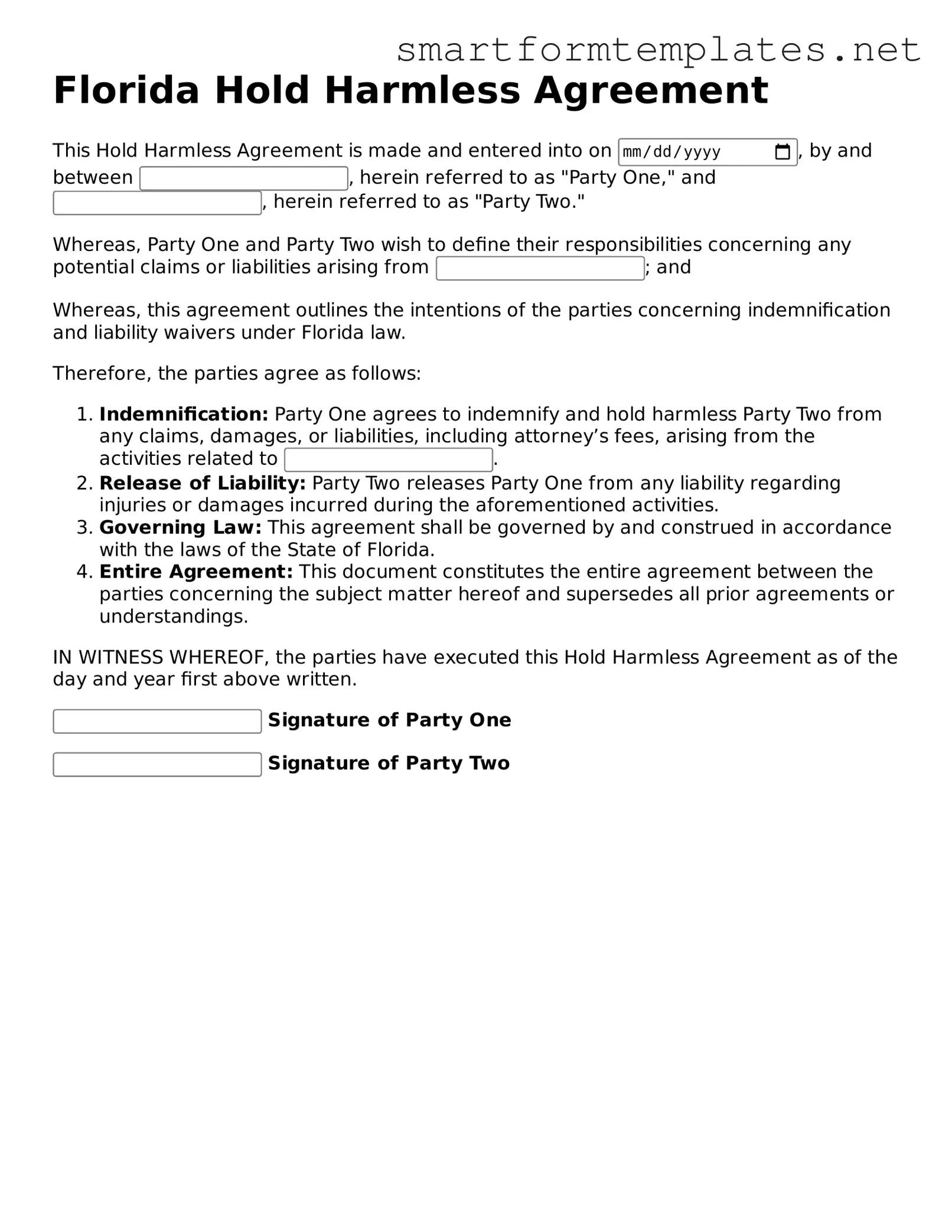 Official Florida Hold Harmless Agreement Form