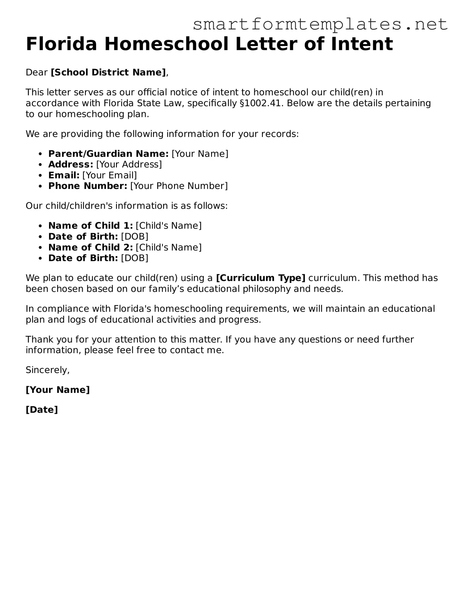 Official Florida Homeschool Letter of Intent Form