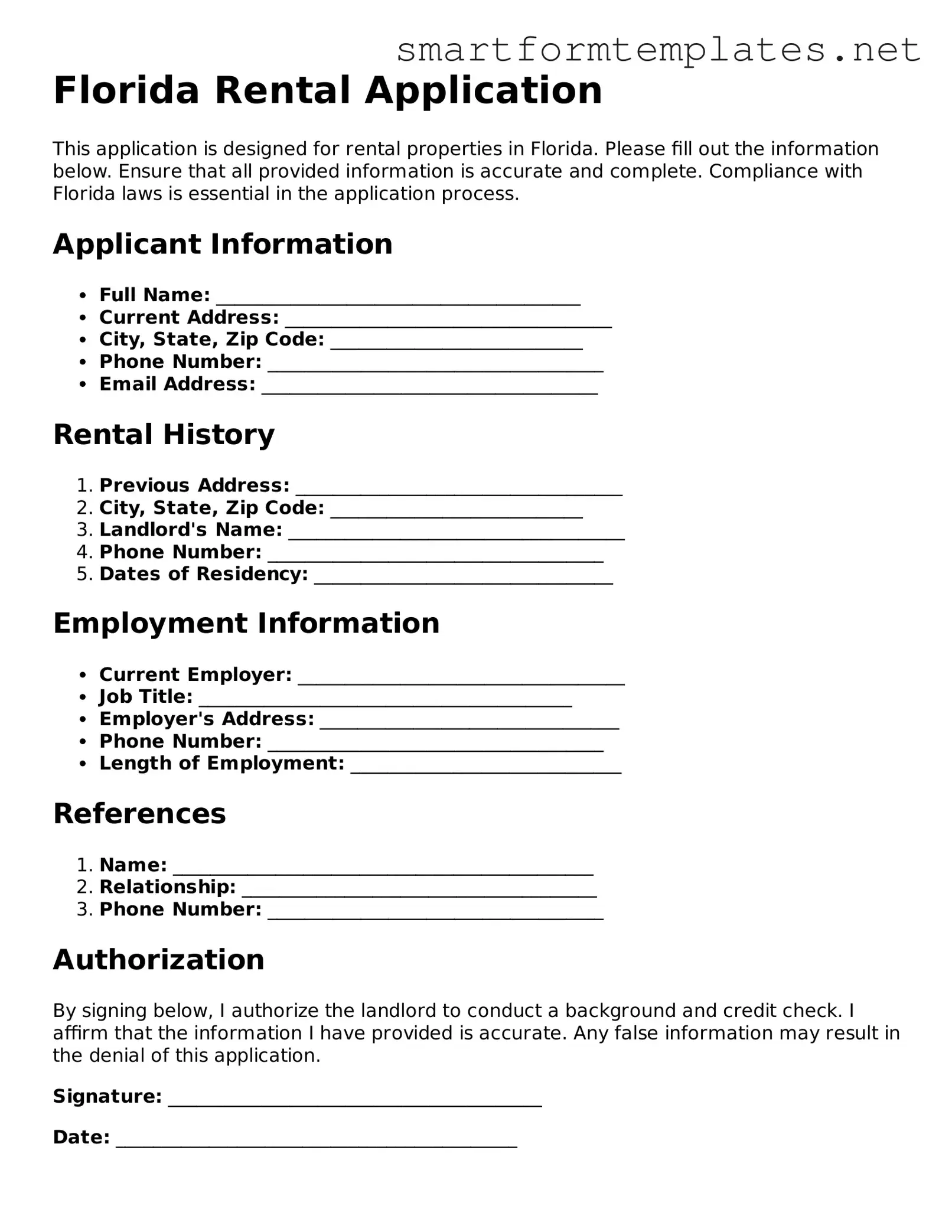 Official Florida Rental Application Form