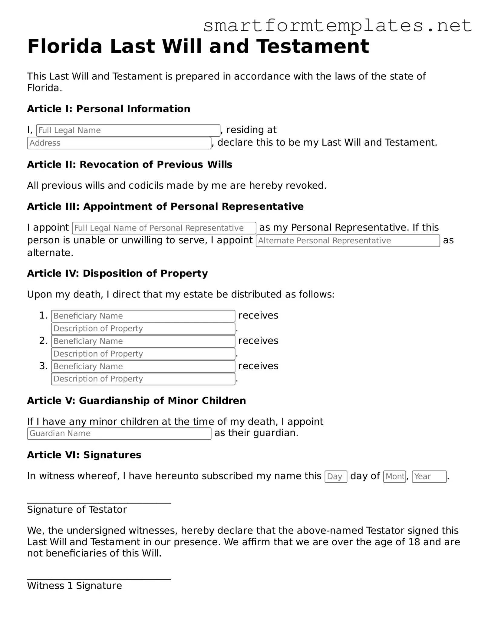 Official Florida Last Will and Testament Form