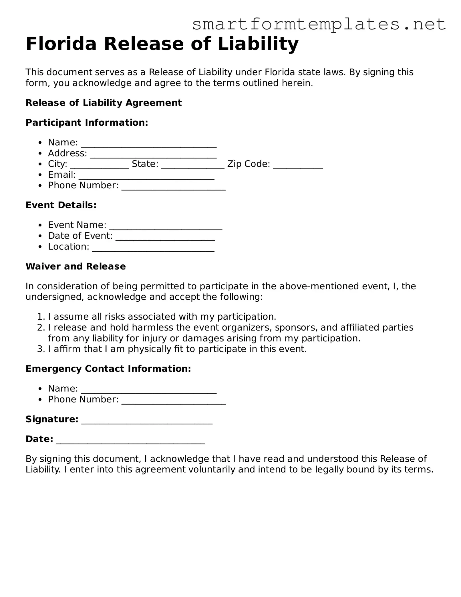 Official Florida Release of Liability Form