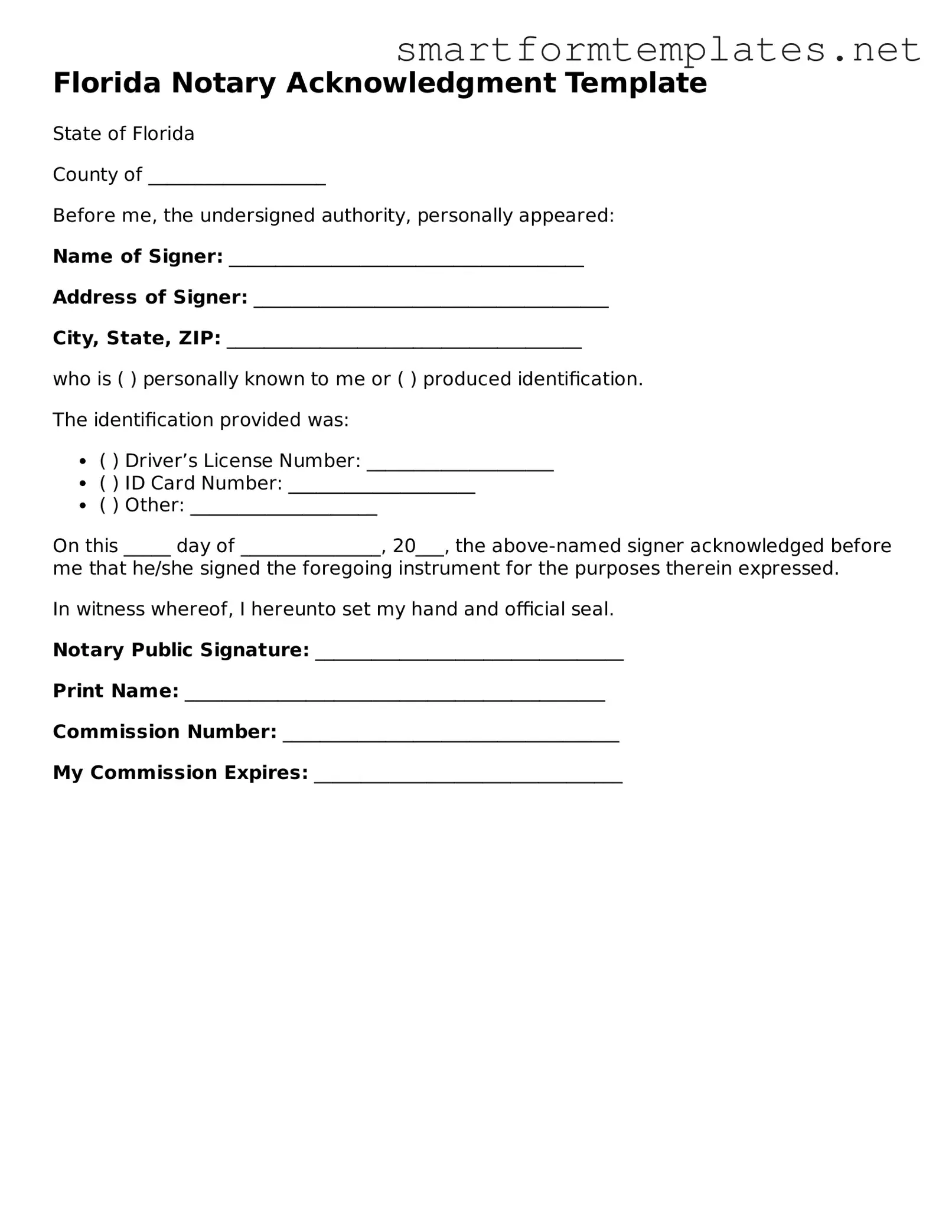 Official Florida Notary Acknowledgement Form