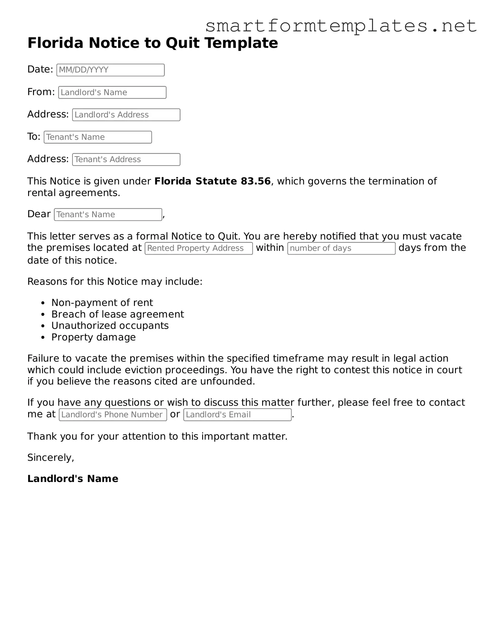 Official Florida Notice to Quit Form