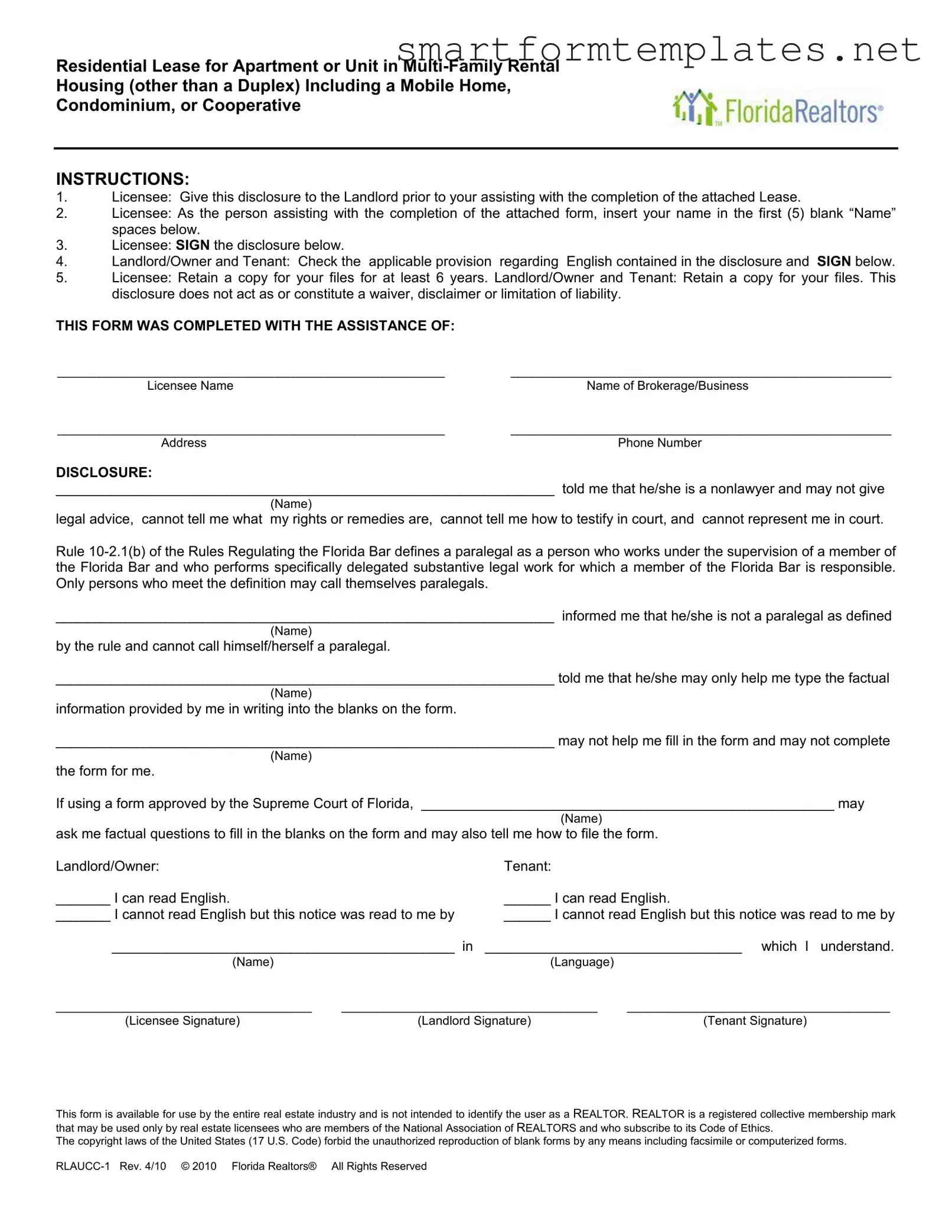 Free Florida Realtors Residential Lease PDF Form