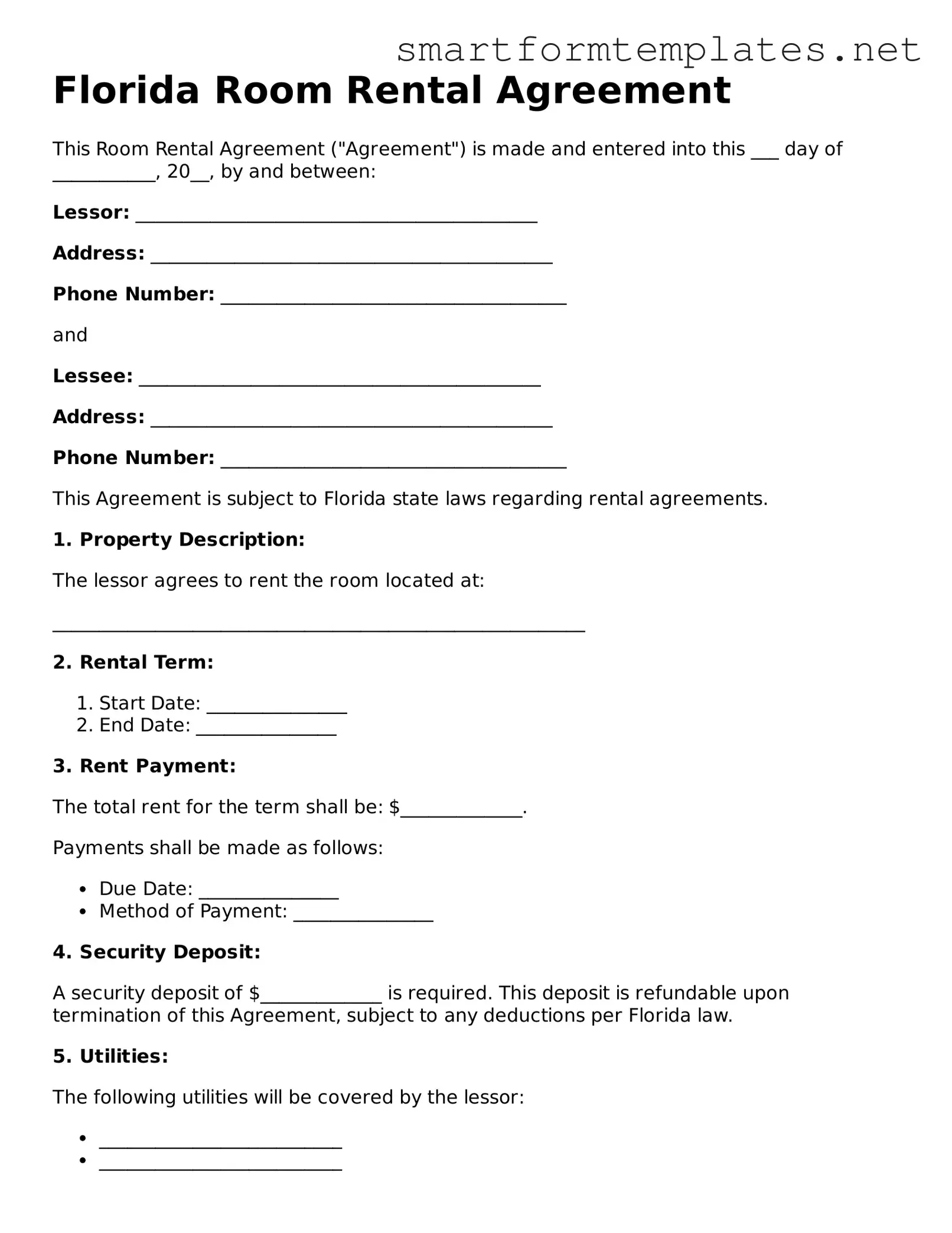 Official Florida Room Rental Agreement Form